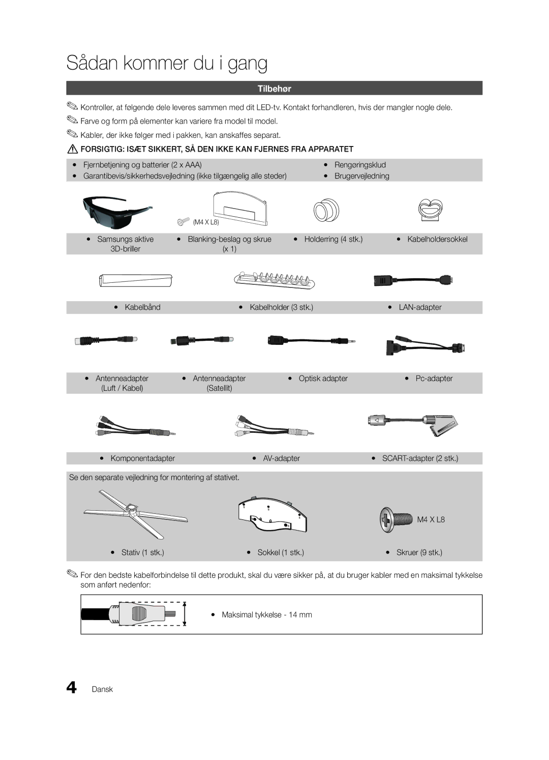 Samsung UE40C8790XSXZG, UE40C8700XSXZG, UE40C8700XSXXN, UE40C8700XSXZF, UE40C8000XPXZT manual Sådan kommer du i gang, Tilbehør 