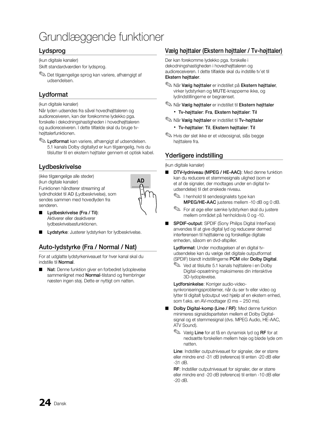 Samsung UE40C8705XSXXE Lydsprog, Lydformat, Lydbeskrivelse, Auto-lydstyrke Fra / Normal / Nat, Yderligere indstilling 