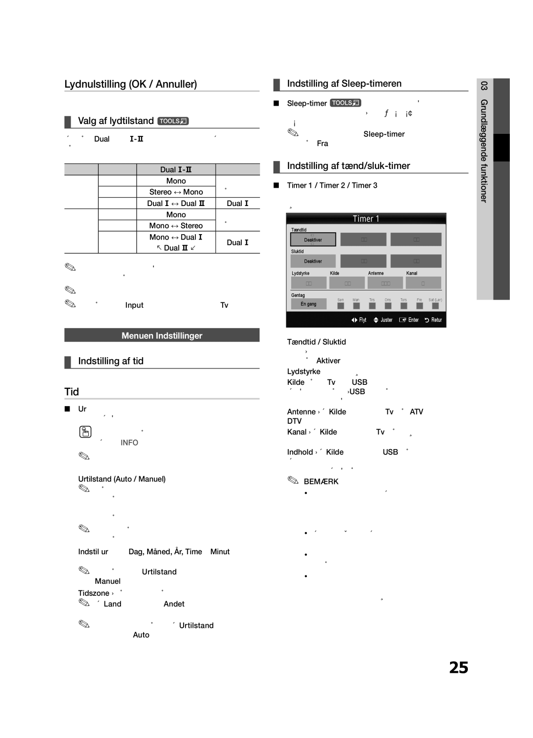 Samsung UE65C8705XSXXE, UE40C8790XSXZG manual Lydnulstilling OK / Annuller, Valg af lydtilstand t, Indstilling af tid 