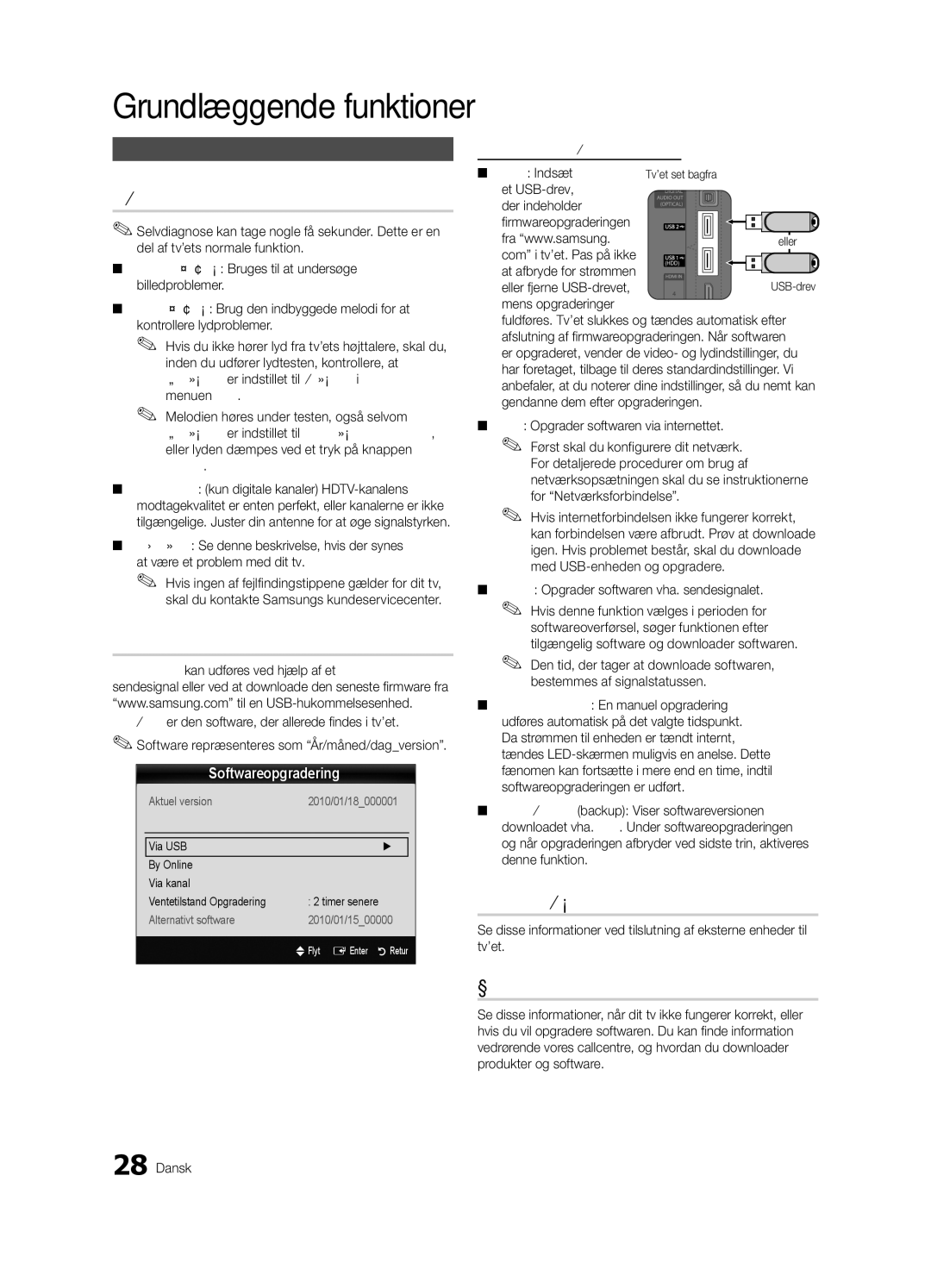 Samsung UE40C8790XSXZG, UE40C8700XSXZG manual Selvdiagnose, Softwareopgradering, HD-tilslutningsvejledning, Kontakt Samsung 