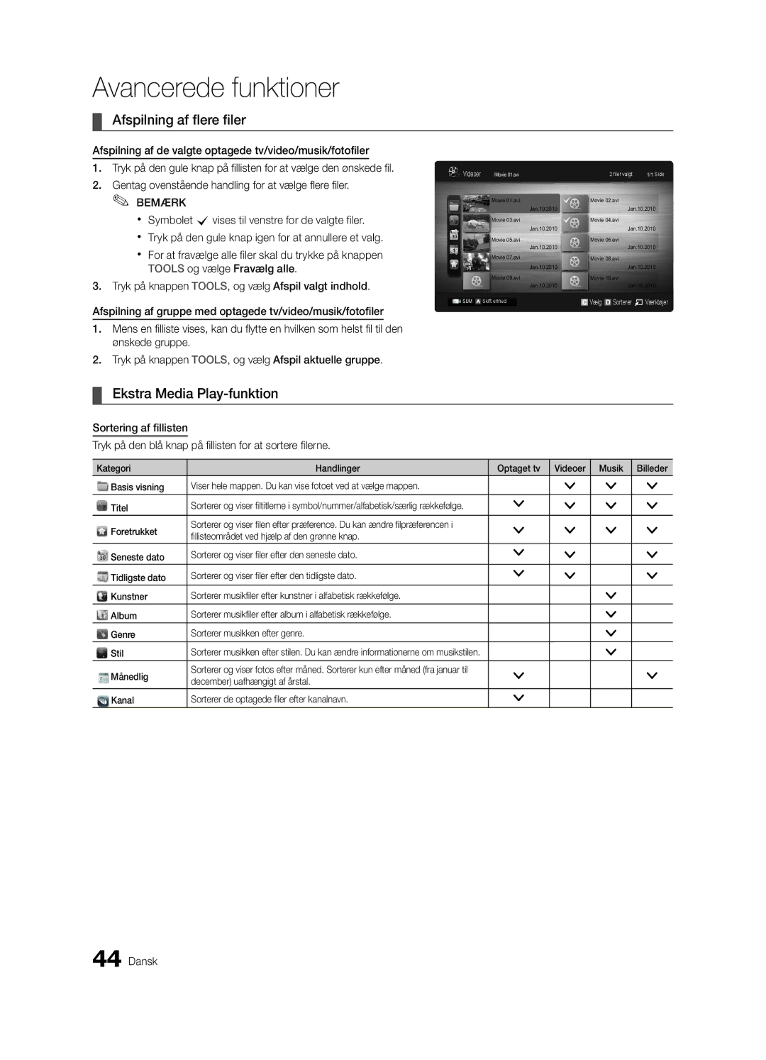 Samsung UE40C8000XPXZT, UE40C8790XSXZG manual Afspilning af flere filer, Ekstra Media Play-funktion, Foretrukket, Månedlig 