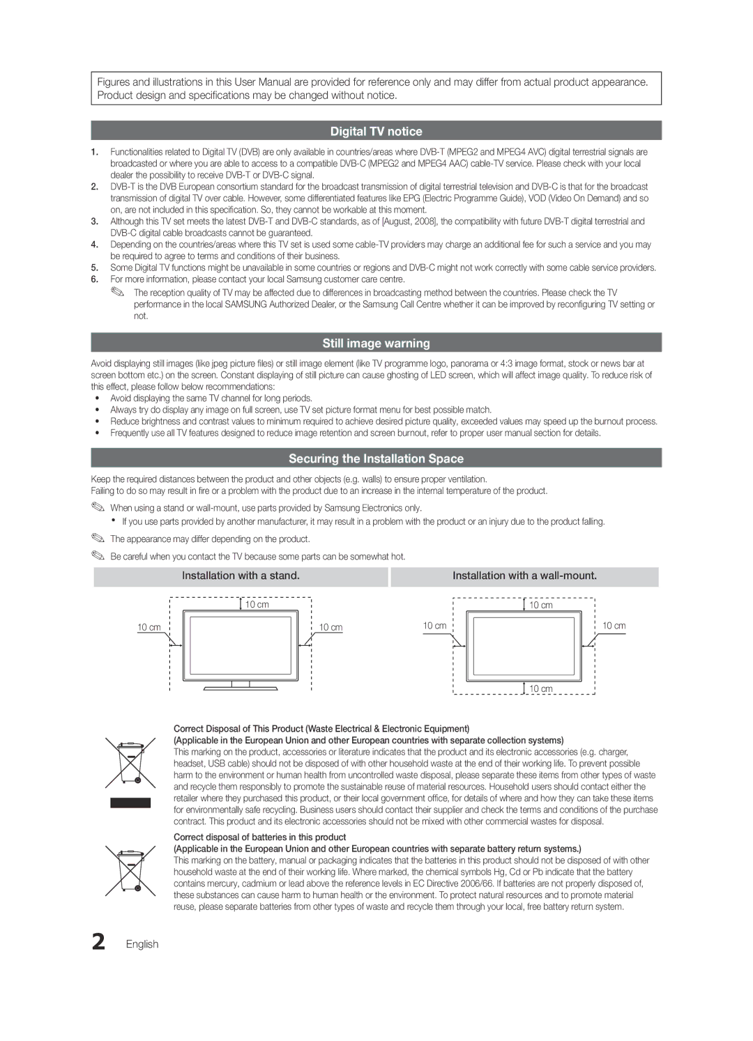 Samsung UE40C8700XSXXN, UE40C8790XSXZG, UE40C8700XSXZG, UE40C8700XSXZF manual Installation with a wall-mount, English, 10 cm 