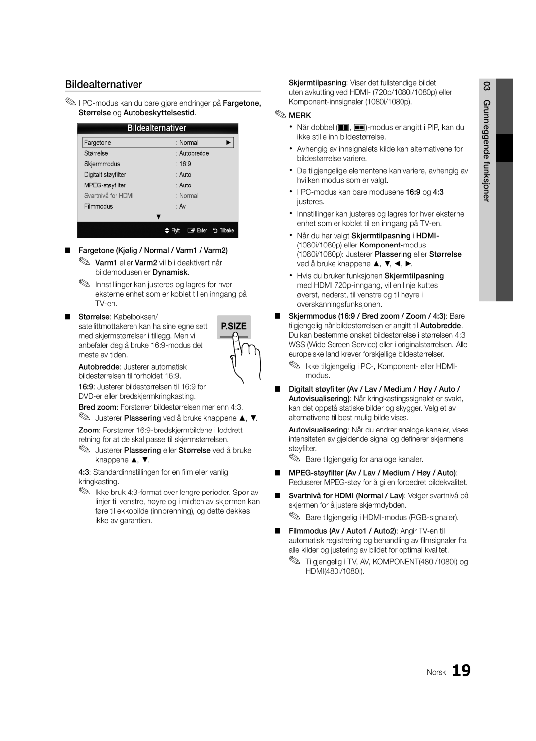 Samsung UE55C8705XSXXE, UE40C8790XSXZG, UE40C8700XSXZG manual Bildealternativer, Satellittmottakeren kan ha sine egne sett 