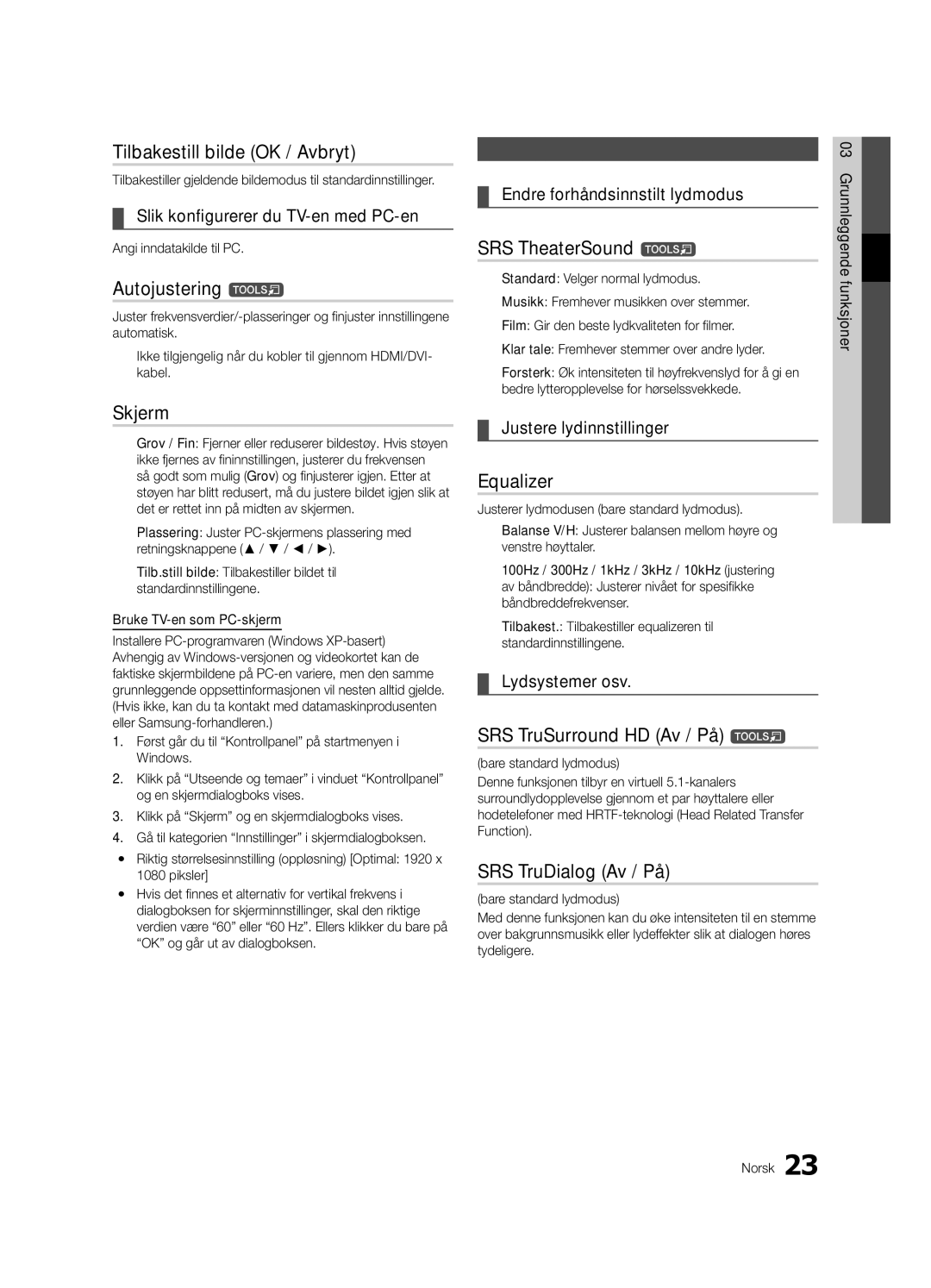 Samsung UE40C8780XSXZG, UE40C8790XSXZG manual Tilbakestill bilde OK / Avbryt, Skjerm, Slik konfigurerer du TV-en med PC-en 