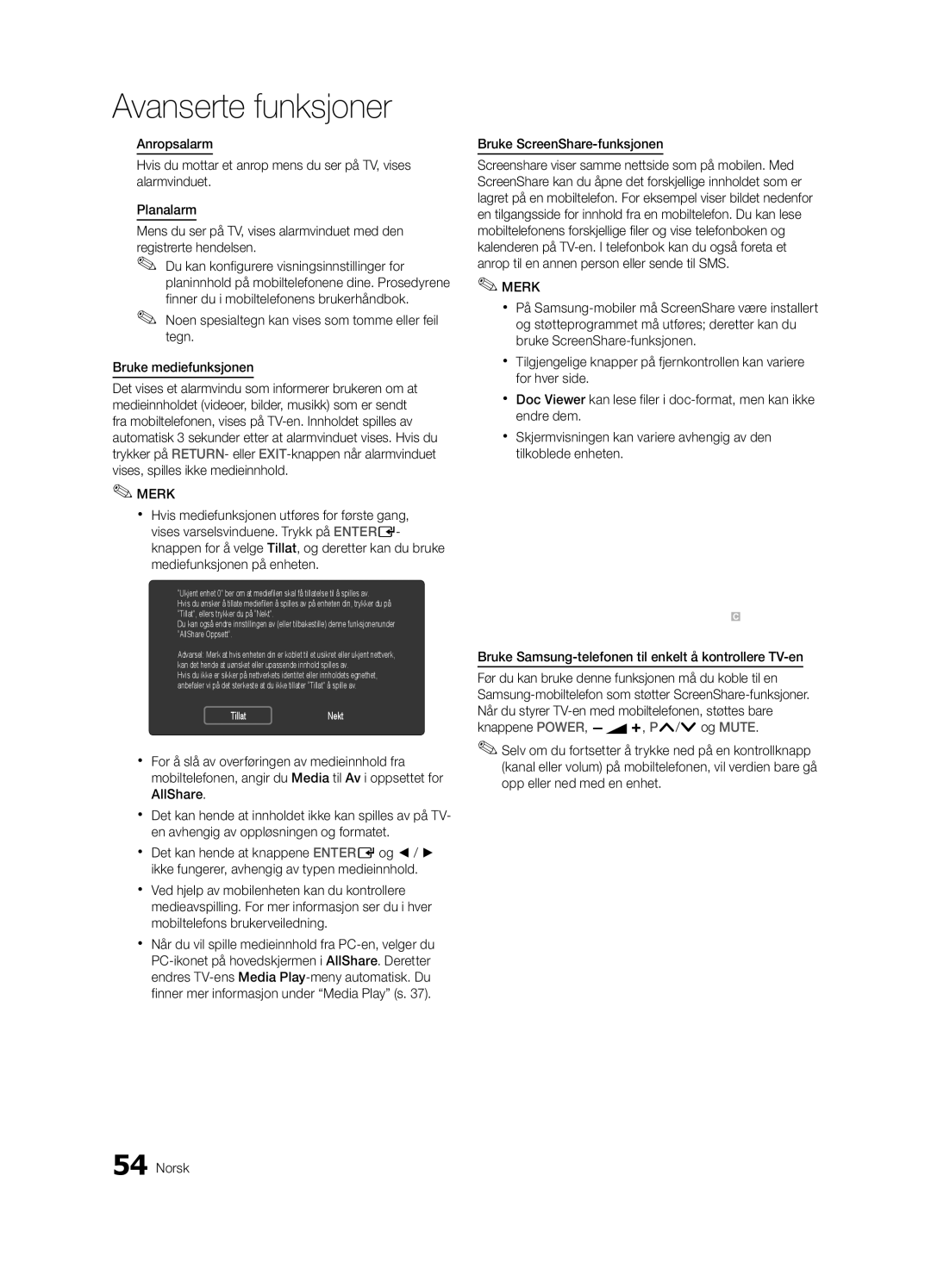 Samsung UE32C8705XSXXE manual Bruke ScreenShare-funksjonen, Bruke Samsung-telefonen til enkelt å kontrollere TV-en 