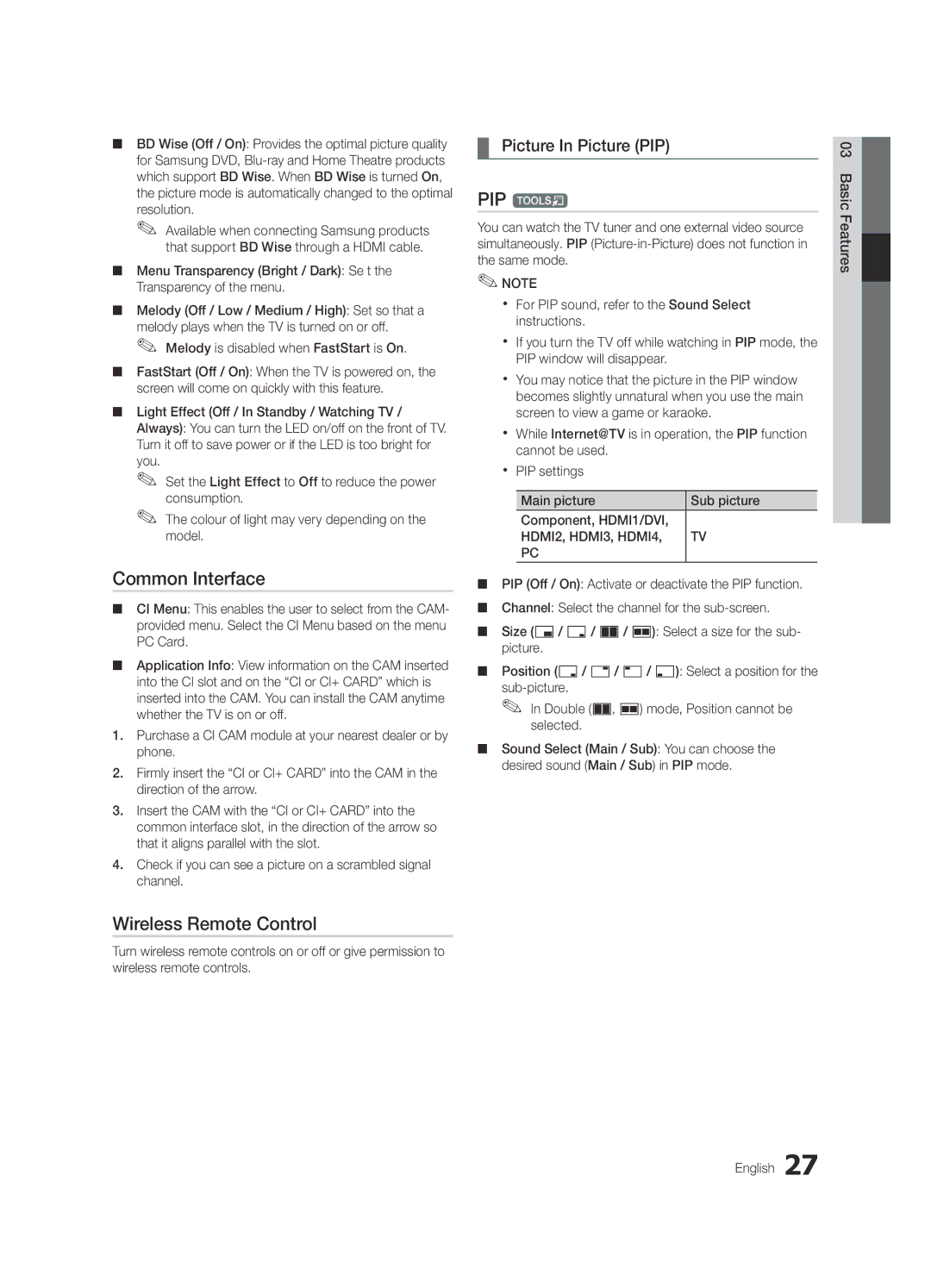 Samsung UE40C8700XSXZF, UE40C8790XSXZG manual Common Interface, Wireless Remote Control, PIP t, Picture In Picture PIP 