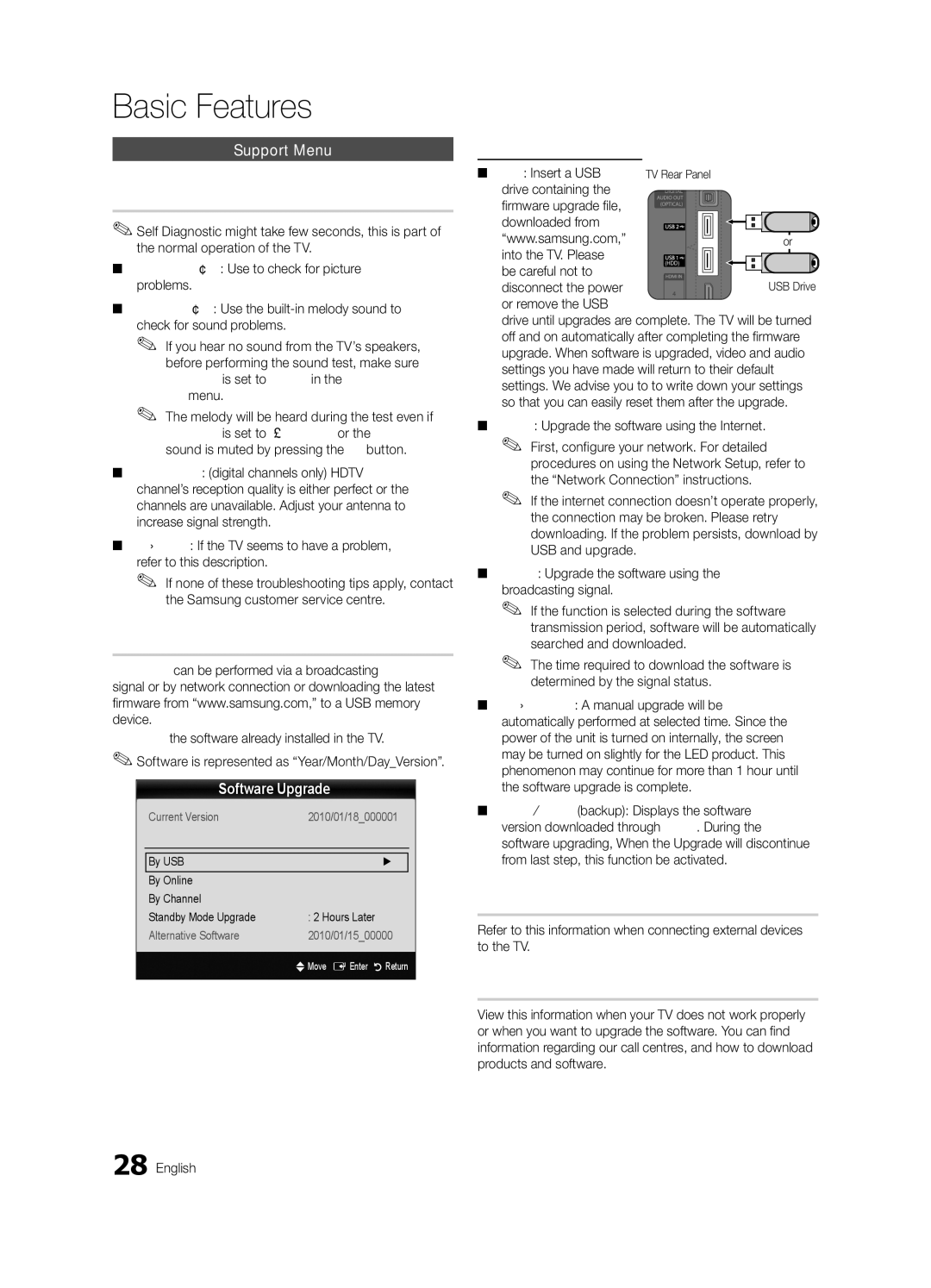 Samsung UE40C8000XPXZT, UE40C8790XSXZG manual Self Diagnosis, Software Upgrade, HD Connection Guide, Contact Samsung 