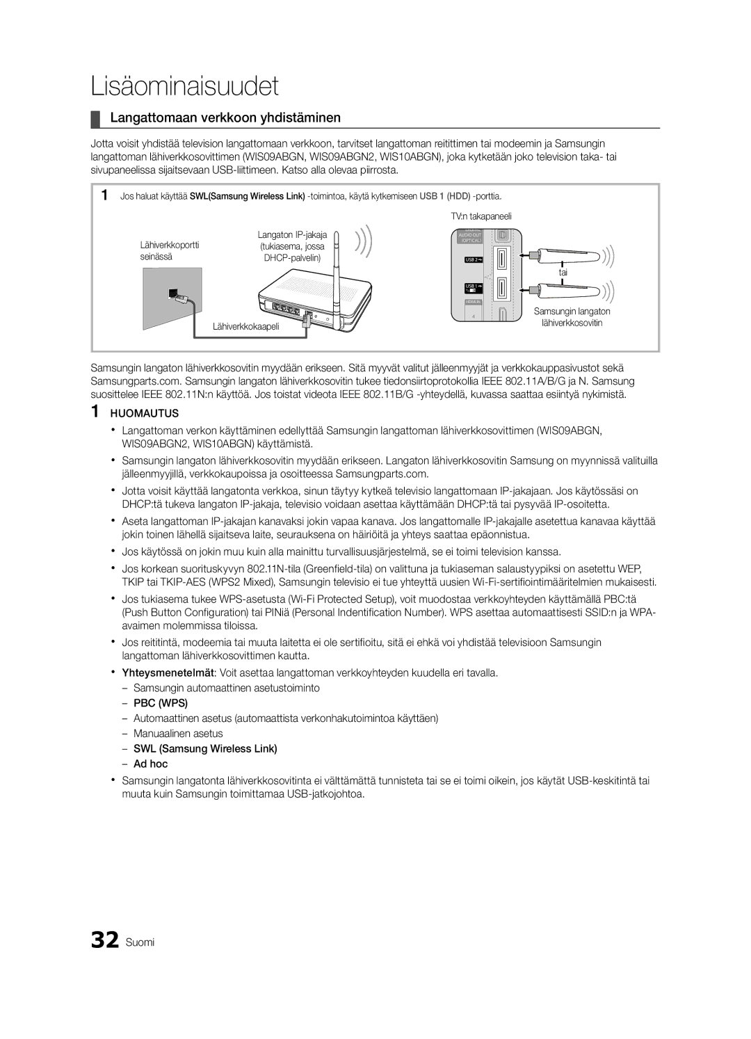 Samsung UE40C8790XSXZG, UE40C8700XSXZG, UE40C8700XSXXN, UE40C8700XSXZF manual Langattomaan verkkoon yhdistäminen, Seinässä 