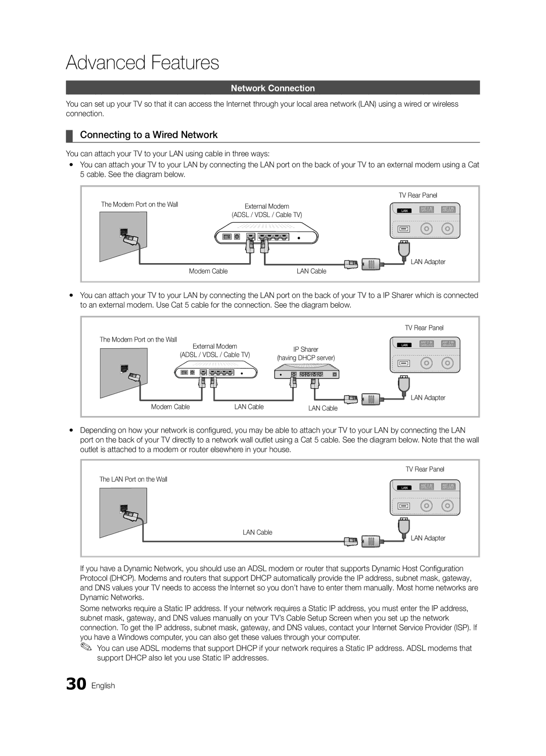 Samsung UE32C8705XSXXE, UE40C8790XSXZG, UE40C8700XSXZG, UE40C8700XSXXN Connecting to a Wired Network, Network Connection 