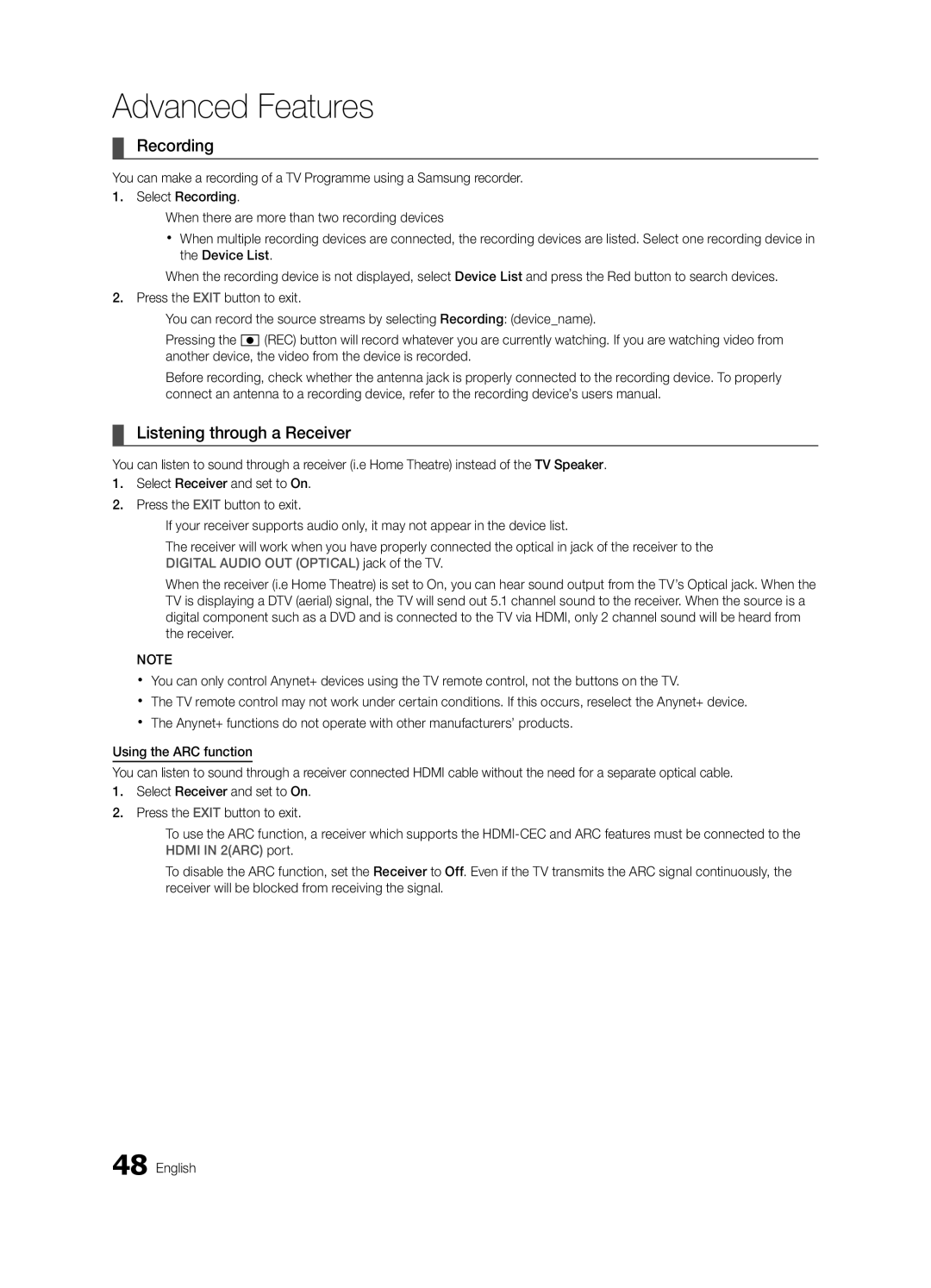 Samsung UE40C8790XSXZG, UE40C8700XSXZG, UE40C8700XSXXN, UE40C8700XSXZF manual Recording, Listening through a Receiver 