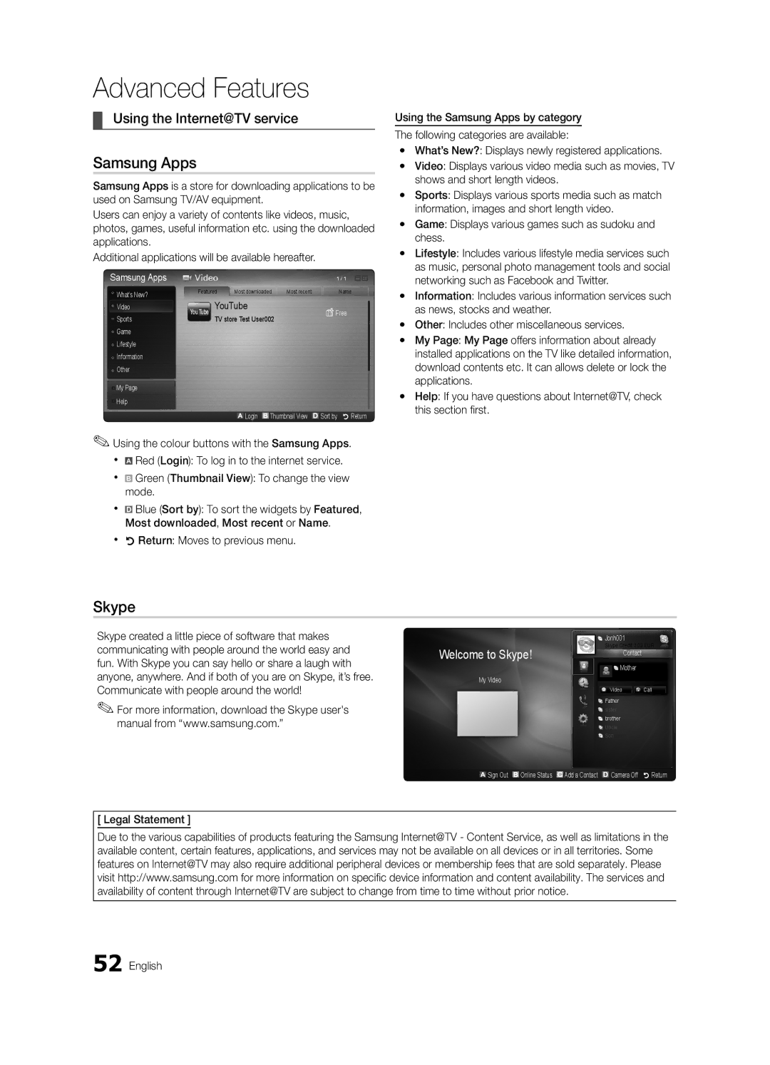 Samsung UE40C8000XPXZT manual Samsung Apps, Skype, Using the Internet@TV service, Xx RReturn Moves to previous menu 