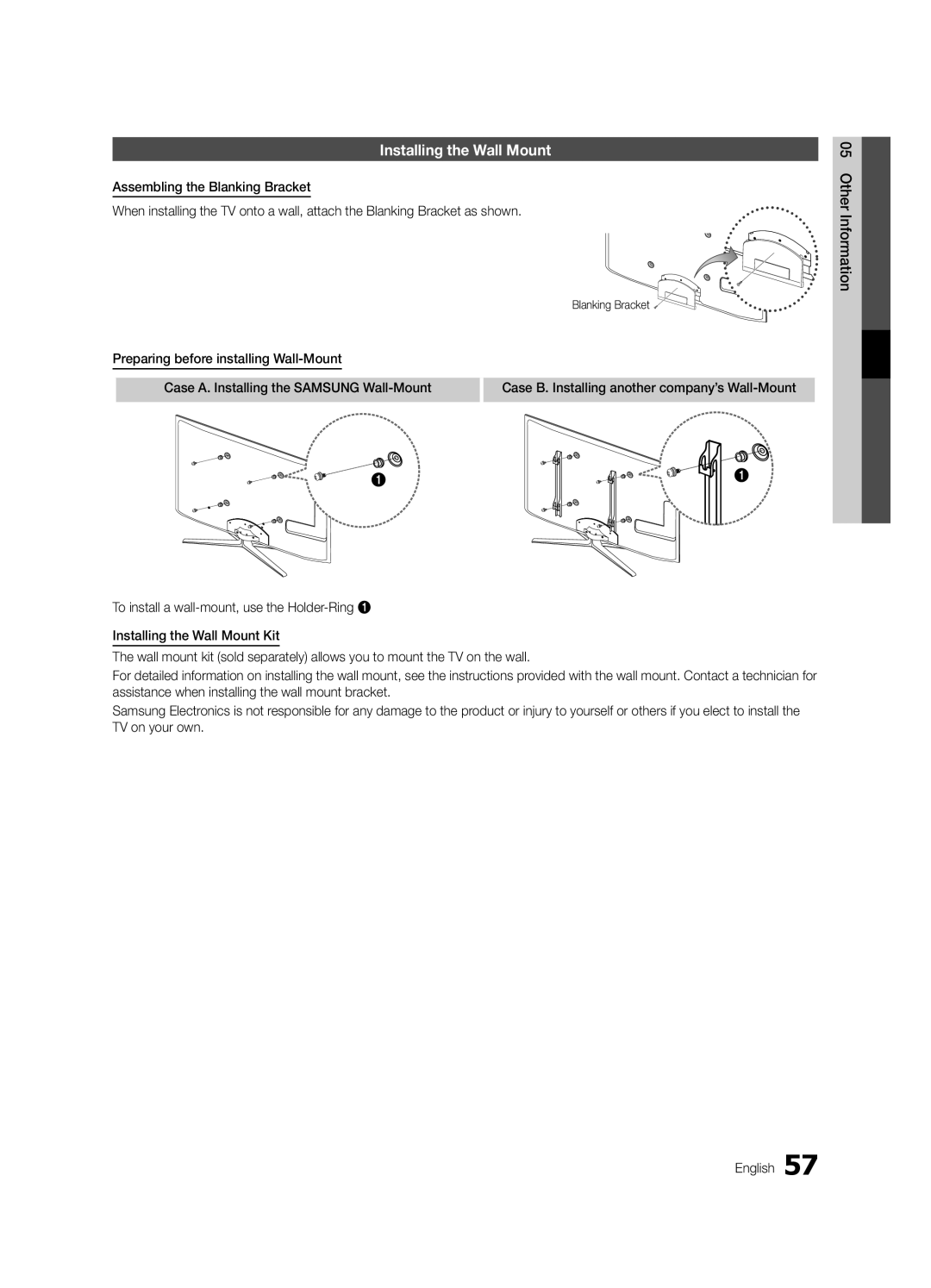 Samsung UE65C8705XSXXE, UE40C8790XSXZG, UE40C8700XSXZG, UE40C8700XSXXN manual Installing the Wall Mount, Blanking Bracket 