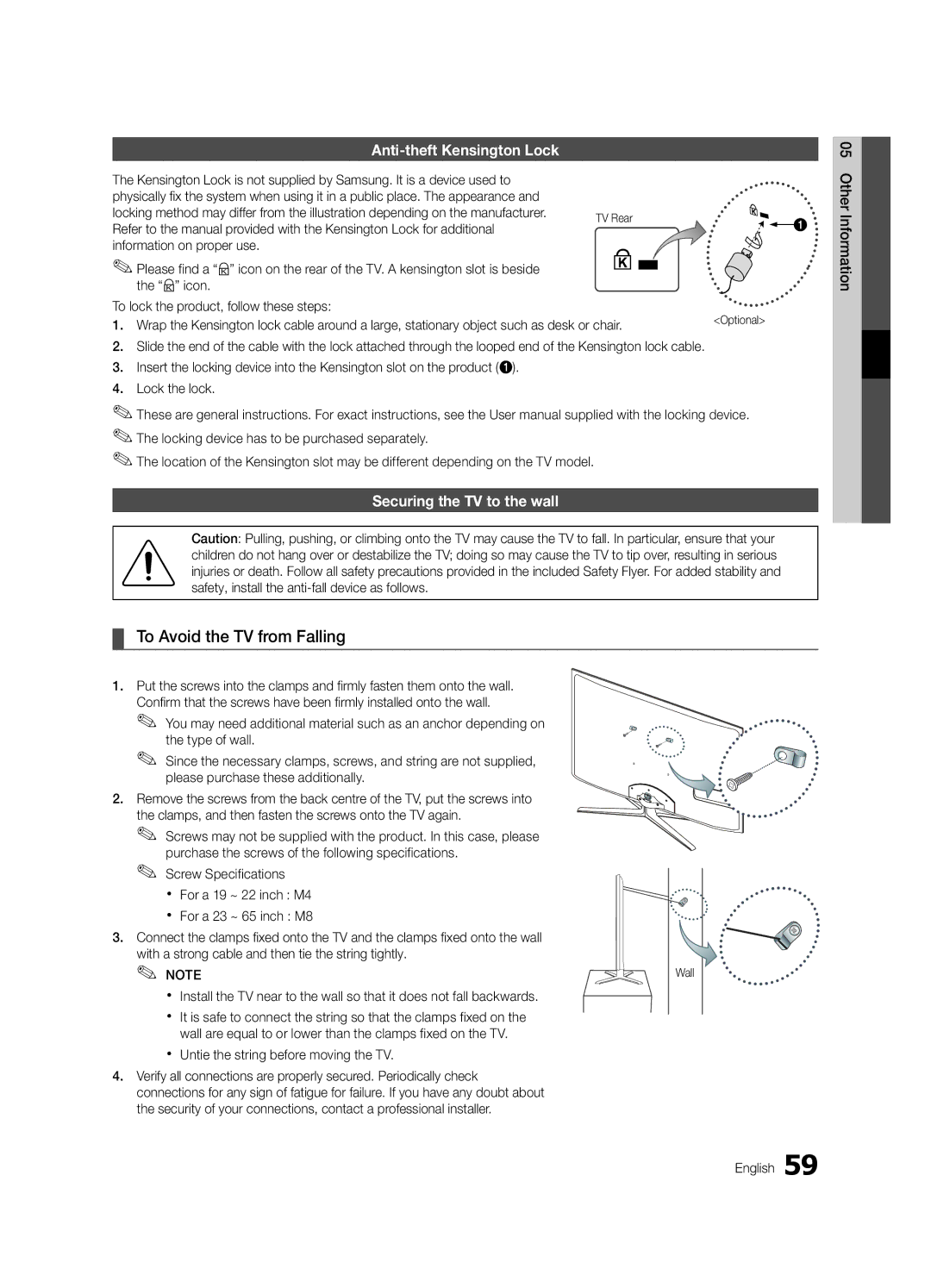 Samsung UE40C8780XSXZG manual To Avoid the TV from Falling, Anti-theft Kensington Lock, Securing the TV to the wall 