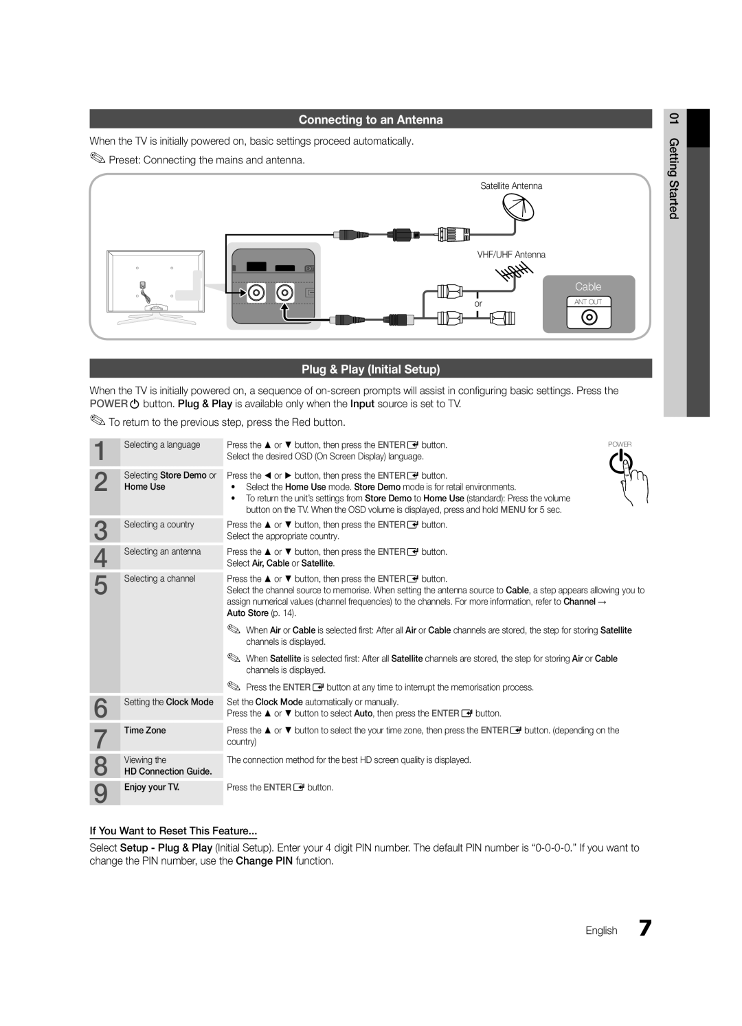 Samsung UE55C8705XSXXE, UE40C8790XSXZG, UE40C8700XSXZG, UE40C8700XSXXN Connecting to an Antenna, Plug & Play Initial Setup 