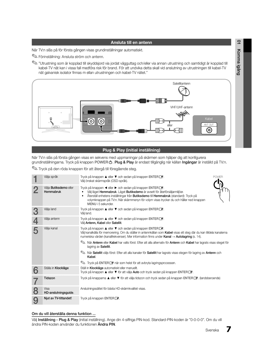 Samsung UE40C8780XSXZG, UE40C8790XSXZG, UE40C8700XSXZG manual Ansluta till en antenn, Plug & Play initial inställning 