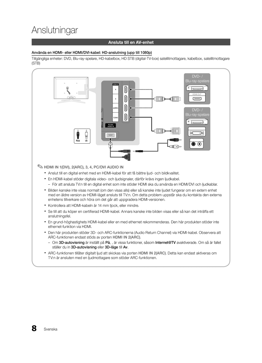 Samsung UE40C8790XSXZG, UE40C8700XSXZG, UE40C8700XSXXN, UE40C8700XSXZF, UE40C8000XPXZT Anslutningar, Ansluta till en AV-enhet 