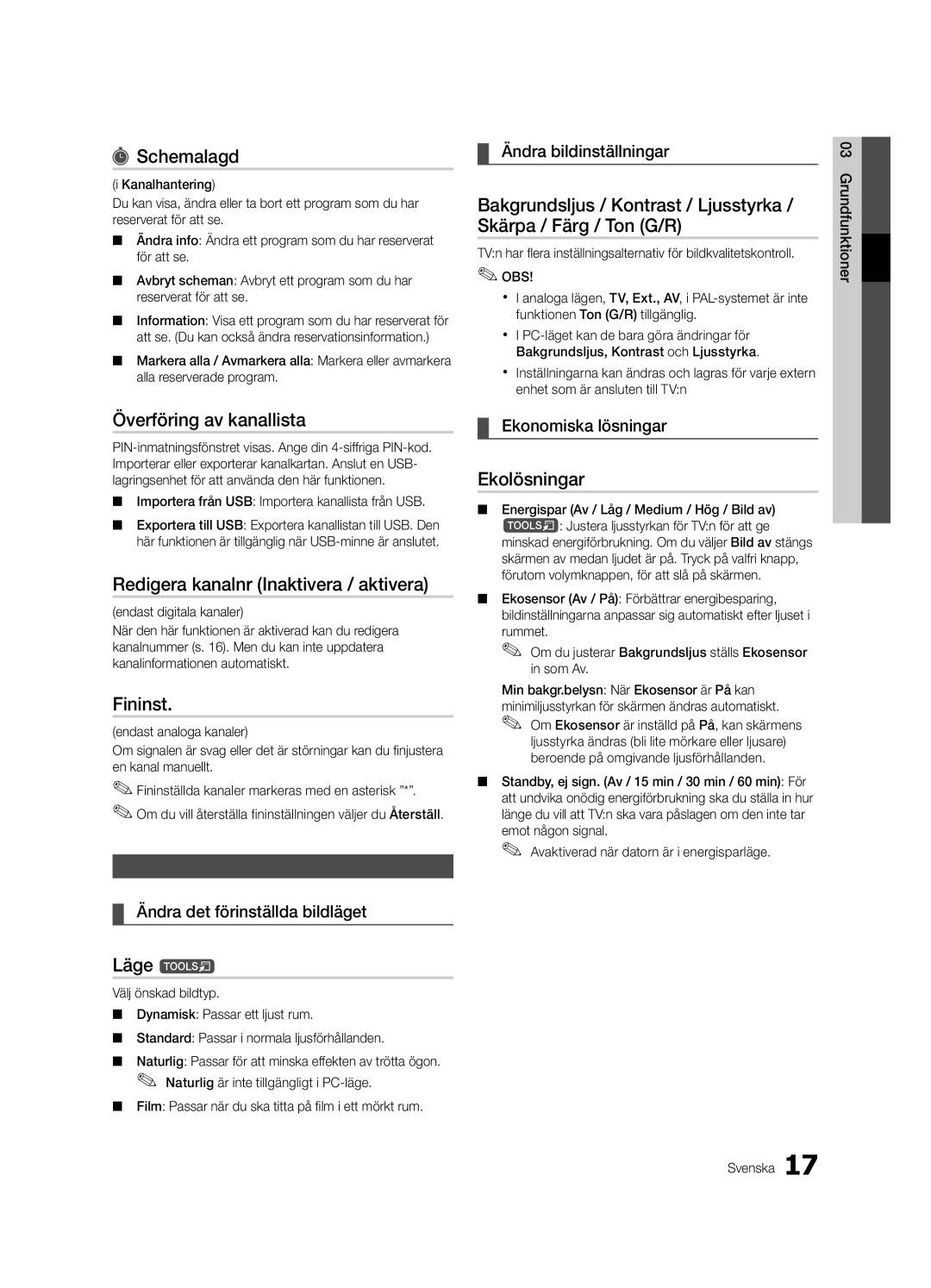 Samsung UE65C8705XSXXE Schemalagd, Överföring av kanallista, Redigera kanalnr Inaktivera / aktivera, Fininst, Ekolösningar 