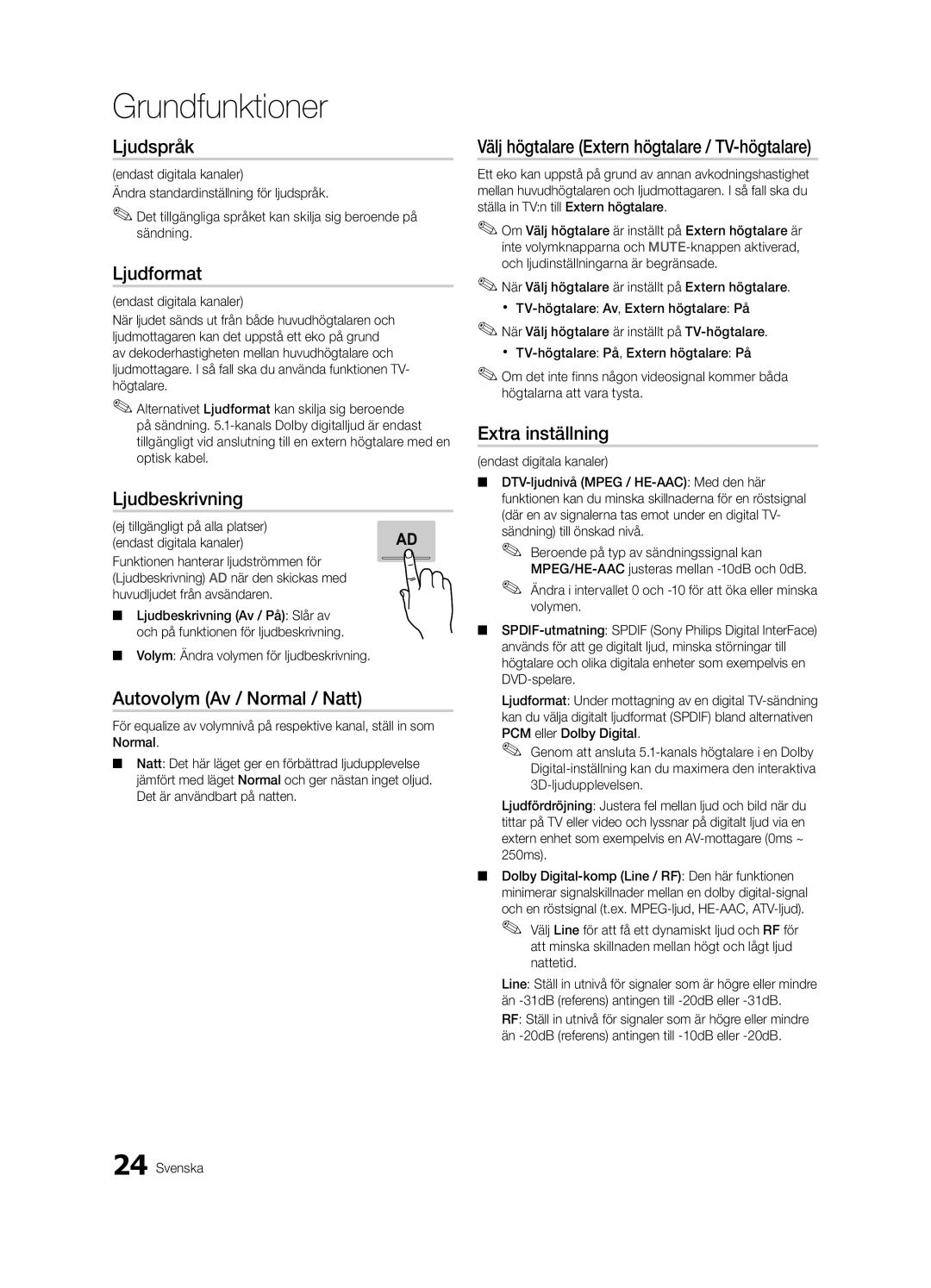 Samsung UE40C8000XPXZT manual Ljudspråk, Ljudformat, Ljudbeskrivning, Autovolym Av / Normal / Natt, Extra inställning 