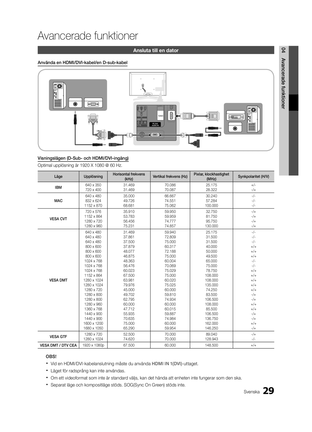 Samsung UE65C8705XSXXE manual Avancerade funktioner, Ansluta till en dator, Använda en HDMI/DVI-kabel/en D-sub-kabel 