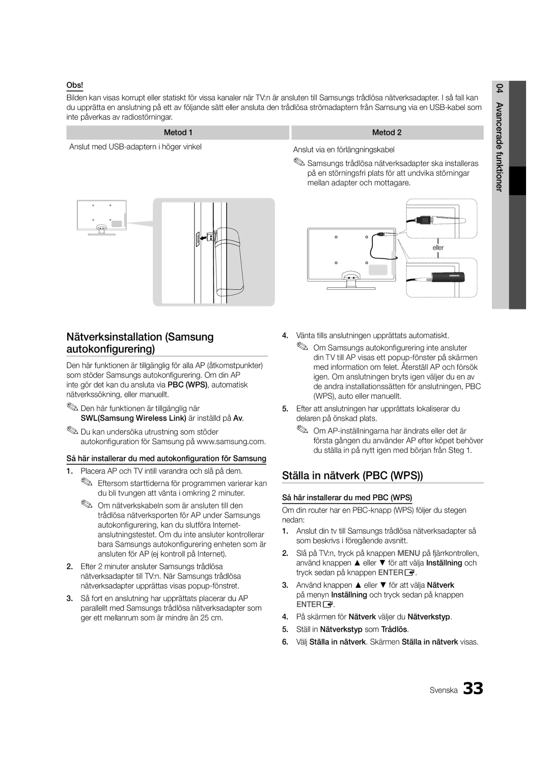 Samsung UE40C8700XSXZG manual Ställa in nätverk PBC WPS, Mellan adapter och mottagare, Så här installerar du med PBC WPS 