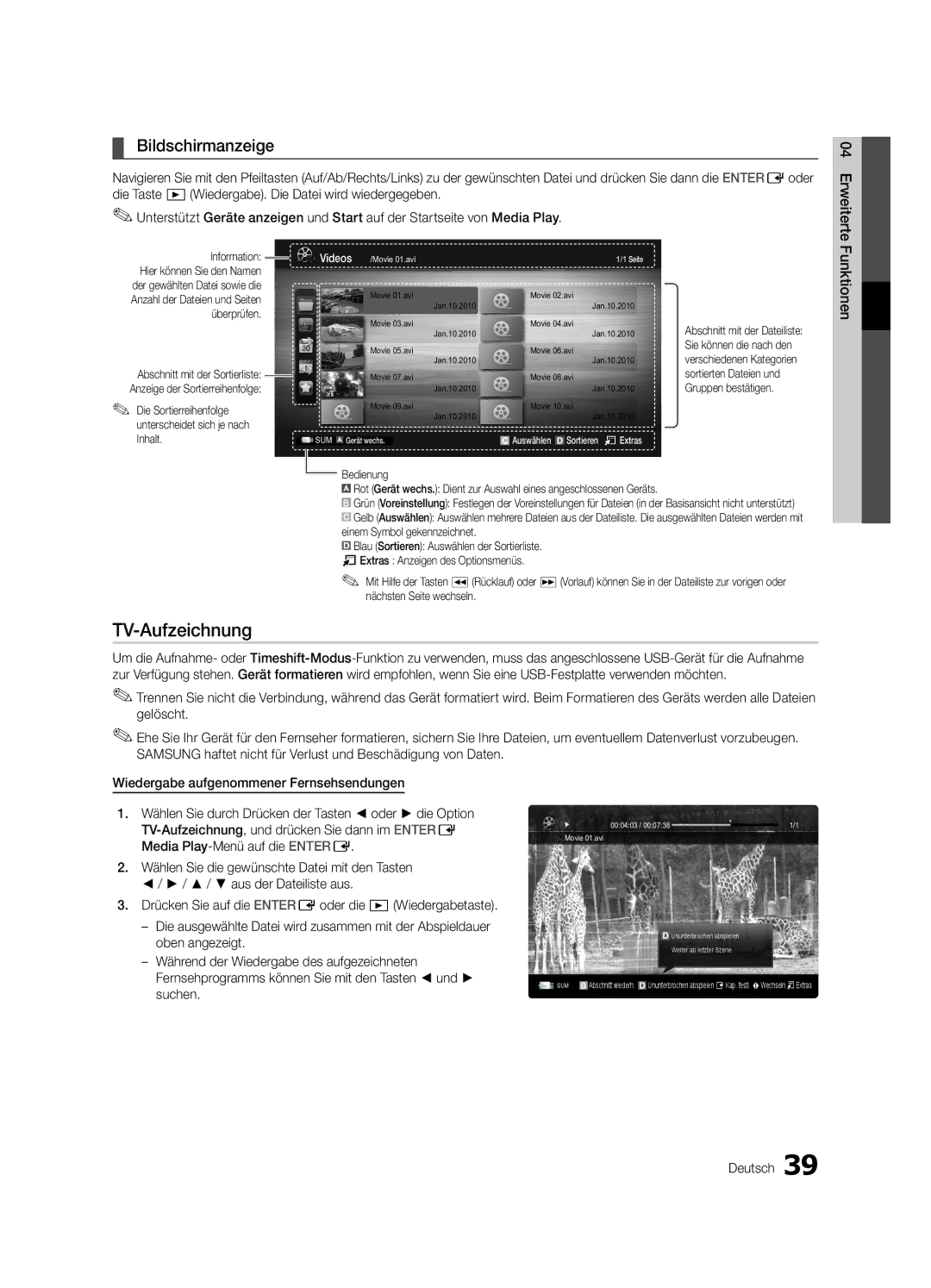 Samsung UE65C8790XSXZG, UE40C8790XZXZG manual TV-Aufzeichnung, Bildschirmanzeige 