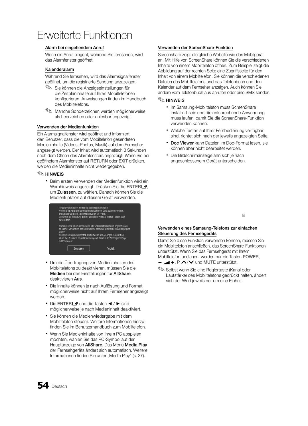 Samsung UE40C8790XZXZG, UE65C8790XSXZG manual Verwenden der Medienfunktion, Verwenden der ScreenShare-Funktion 