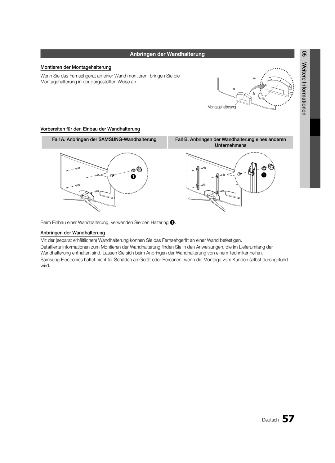 Samsung UE65C8790XSXZG, UE40C8790XZXZG manual Fall B. Anbringen der Wandhalterung eines anderen 