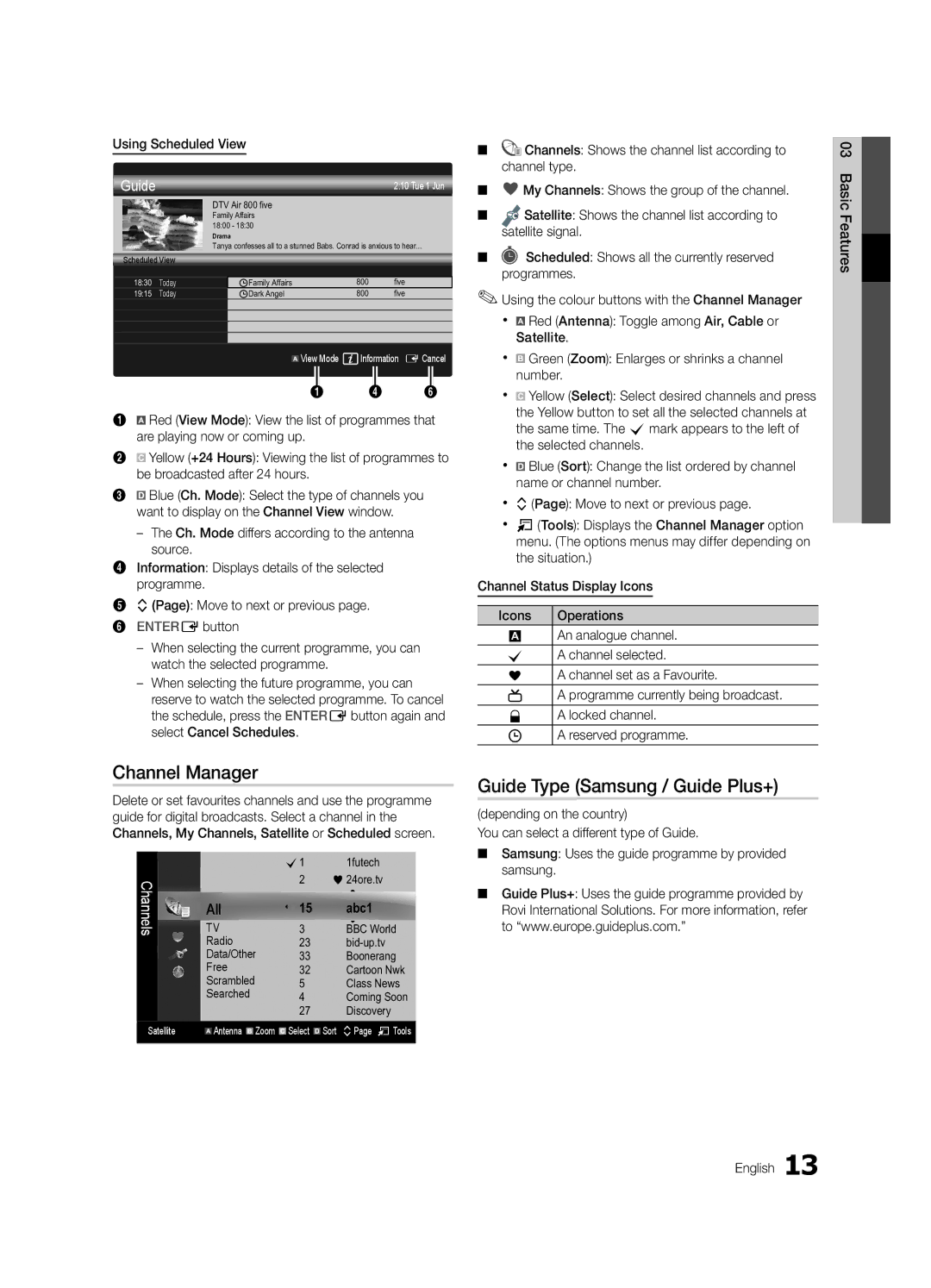 Samsung UE65C8790XSXZG, UE40C8790XZXZG manual Channel Manager, Guide Type Samsung / Guide Plus+, Using Scheduled View 