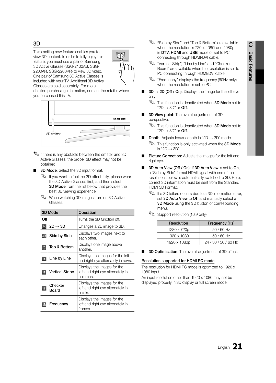 Samsung UE65C8790XSXZG This exciting new feature enables you to, Displays the images for, 60 Hz, 03FeaturesBasic English 