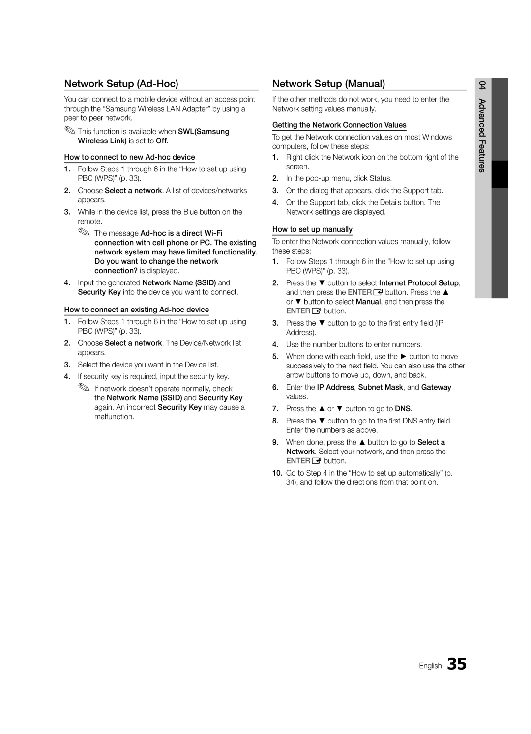 Samsung UE65C8790XSXZG, UE40C8790XZXZG manual Network Setup Ad-Hoc, 04Features Advanced English 