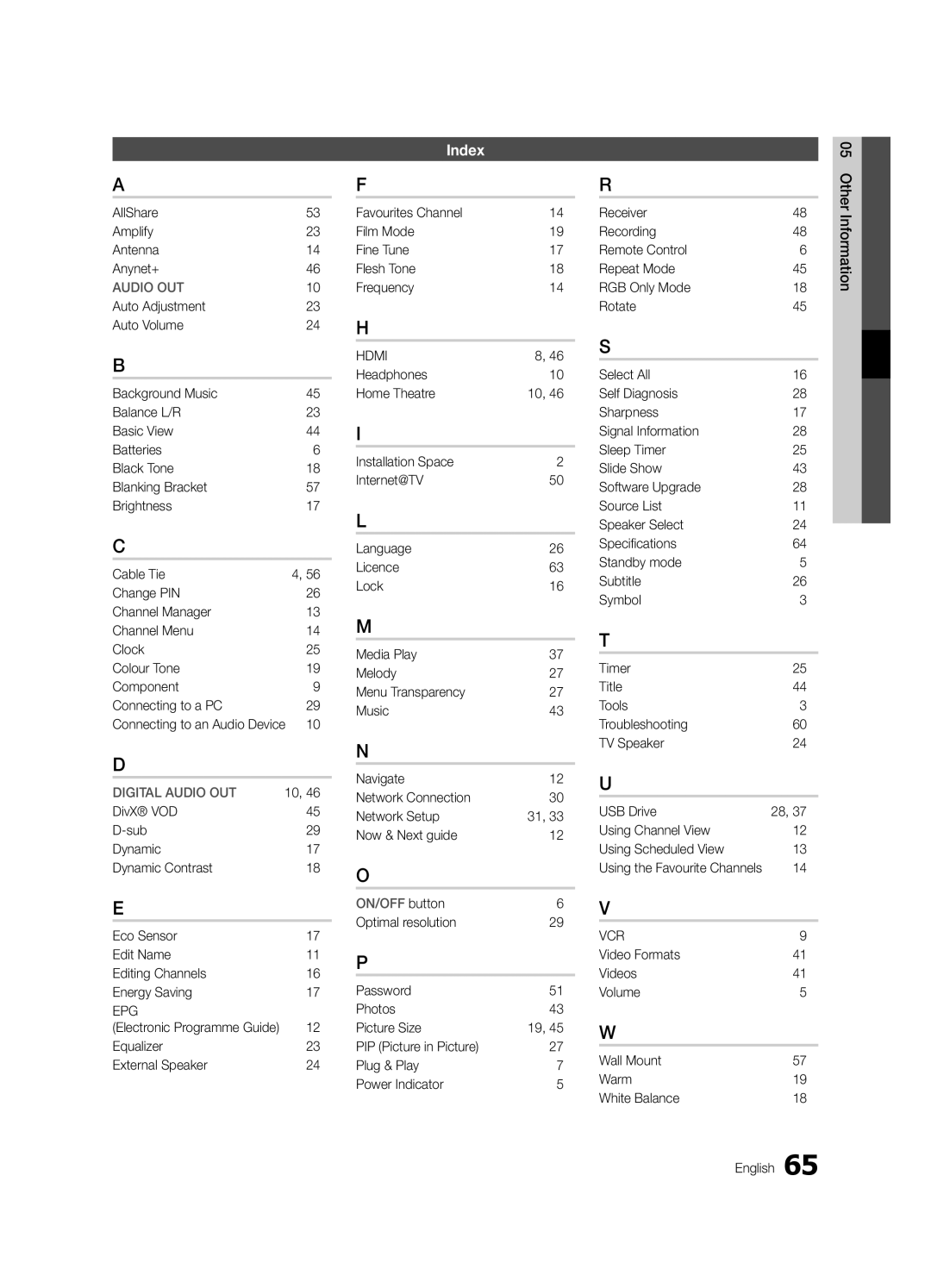 Samsung UE65C8790XSXZG, UE40C8790XZXZG manual Index, Epg, Hdmi, Vcr 