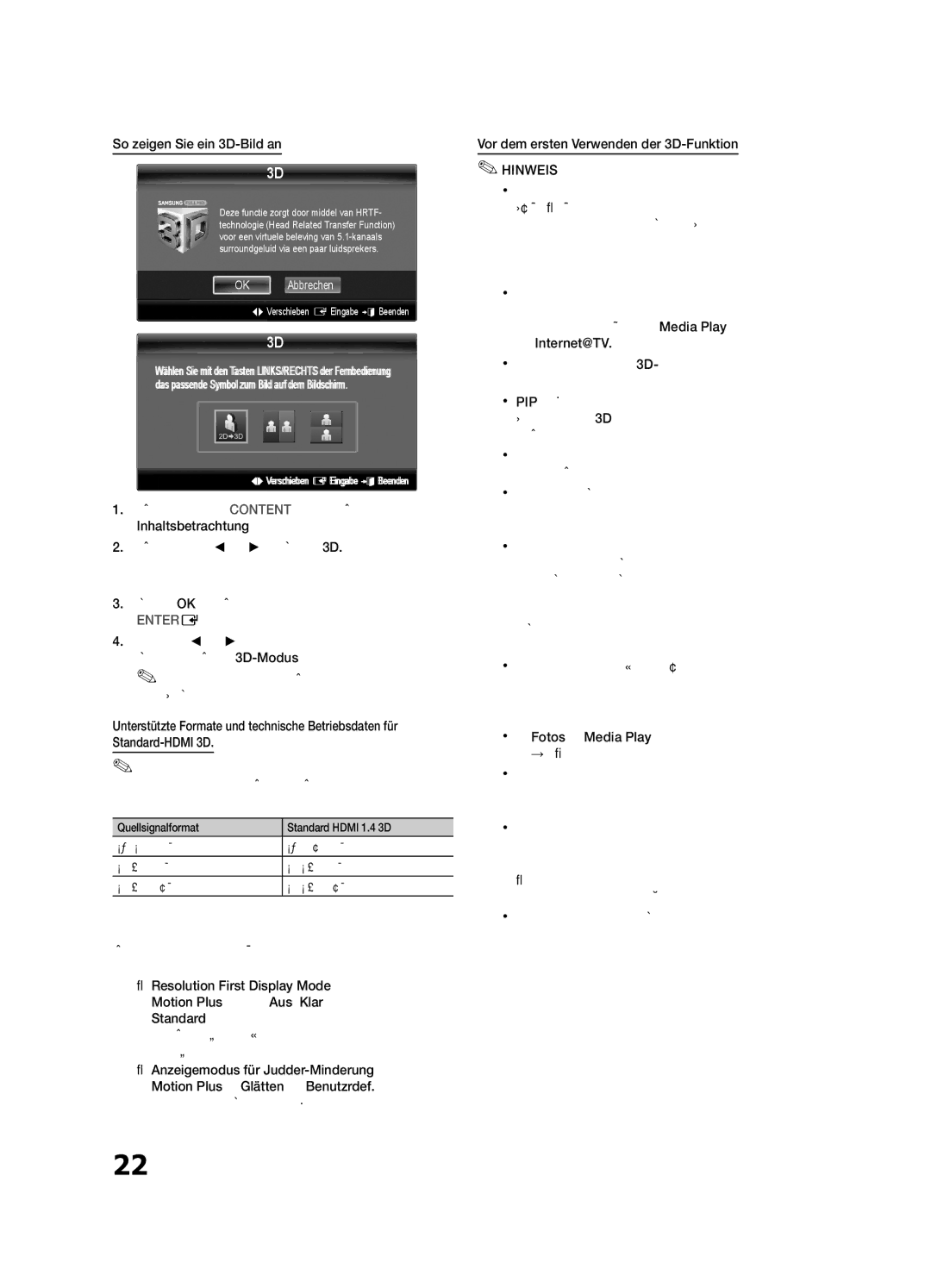 Samsung UE40C8790XZXZG, UE65C8790XSXZG manual So zeigen Sie ein 3D-Bild an, Deutsch Vor dem ersten Verwenden der 3D-Funktion 