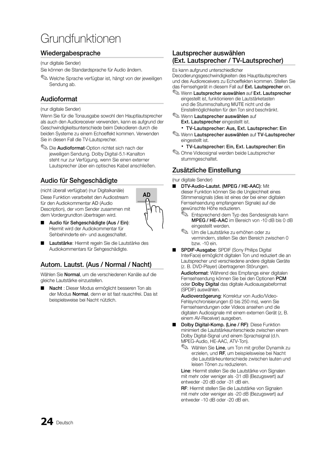 Samsung UE40C8790XZXZG manual Wiedergabesprache, Audioformat, Audio für Sehgeschädigte, Autom. Lautst. Aus / Normal / Nacht 