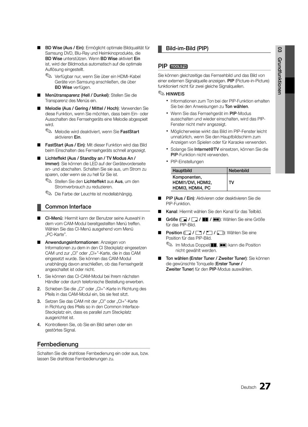 Samsung UE65C8790XSXZG manual Fernbedienung, Common Interface, Bild-im-Bild PIP, HDMI1/DVI, HDMI2 HDMI3, HDMI4, PC 