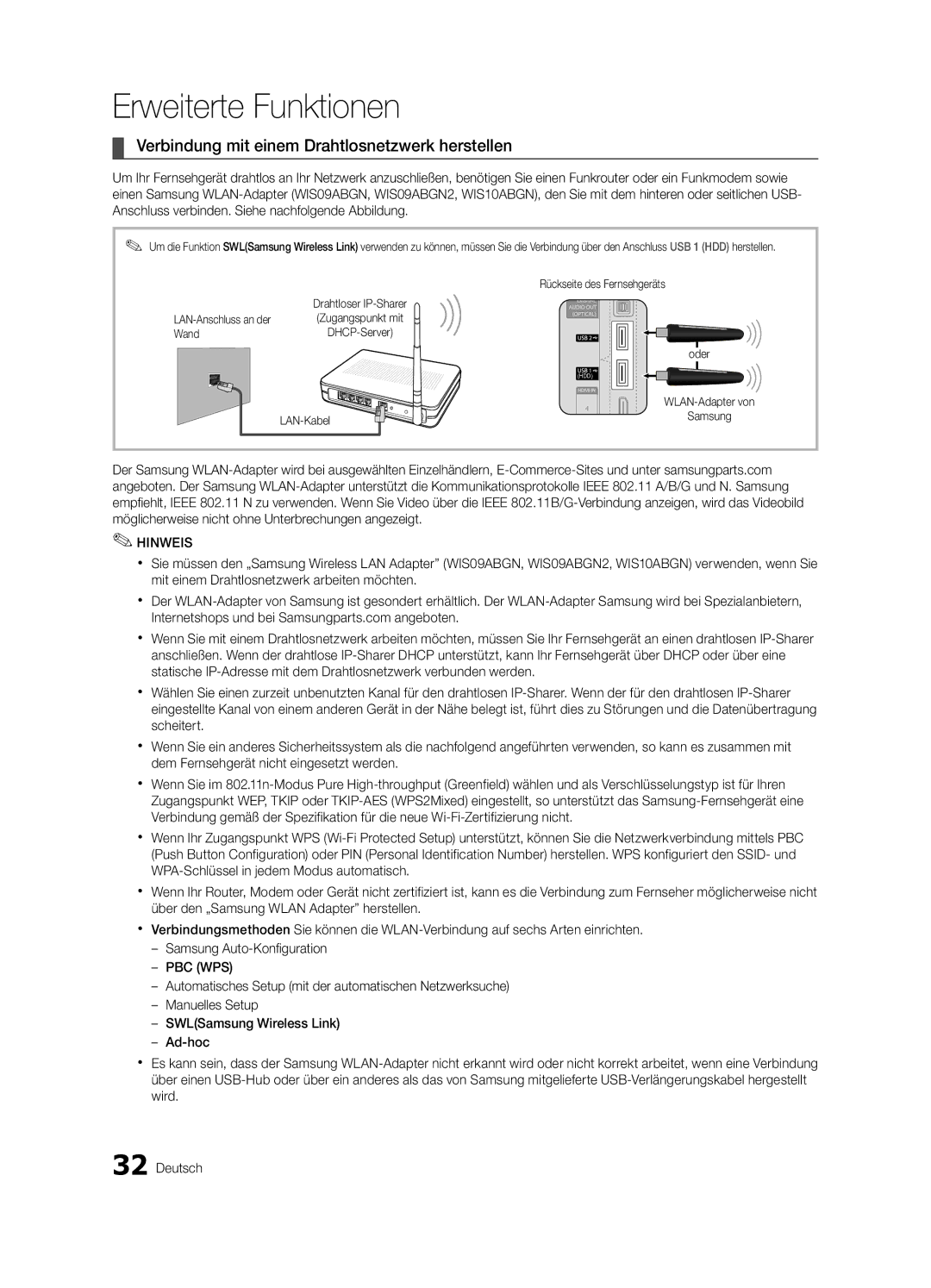 Samsung UE40C8790XZXZG, UE65C8790XSXZG manual Verbindung mit einem Drahtlosnetzwerk herstellen, Wand, LAN-Kabel Samsung 