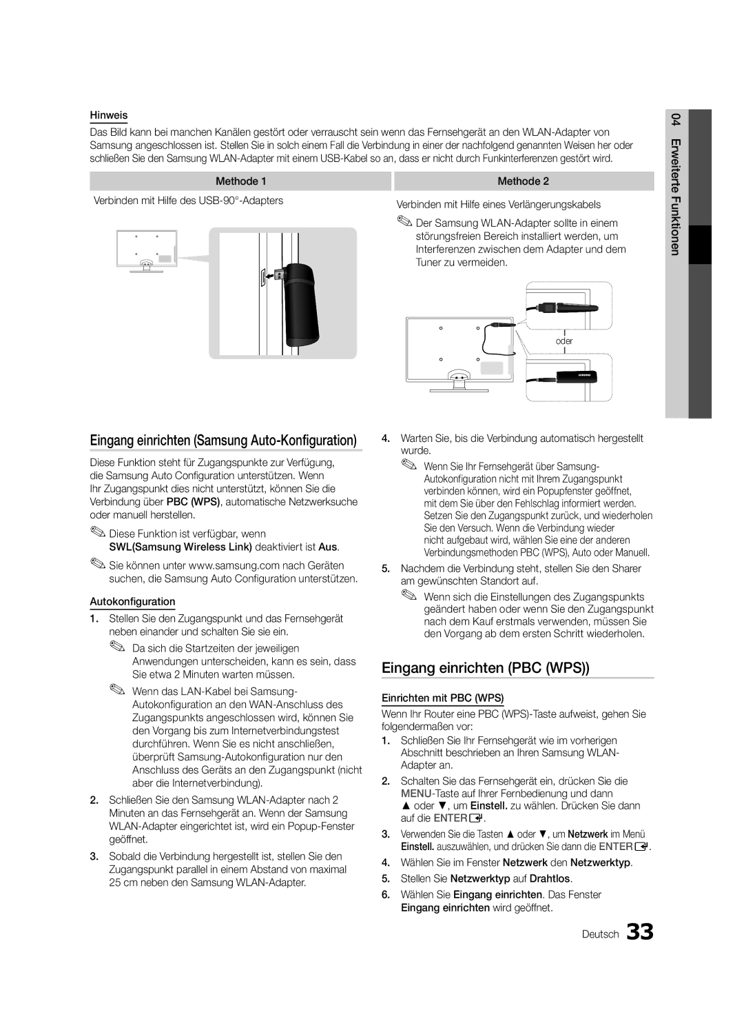 Samsung UE65C8790XSXZG, UE40C8790XZXZG manual Eingang einrichten PBC WPS, Eingang einrichten Samsung Auto-Konfiguration 