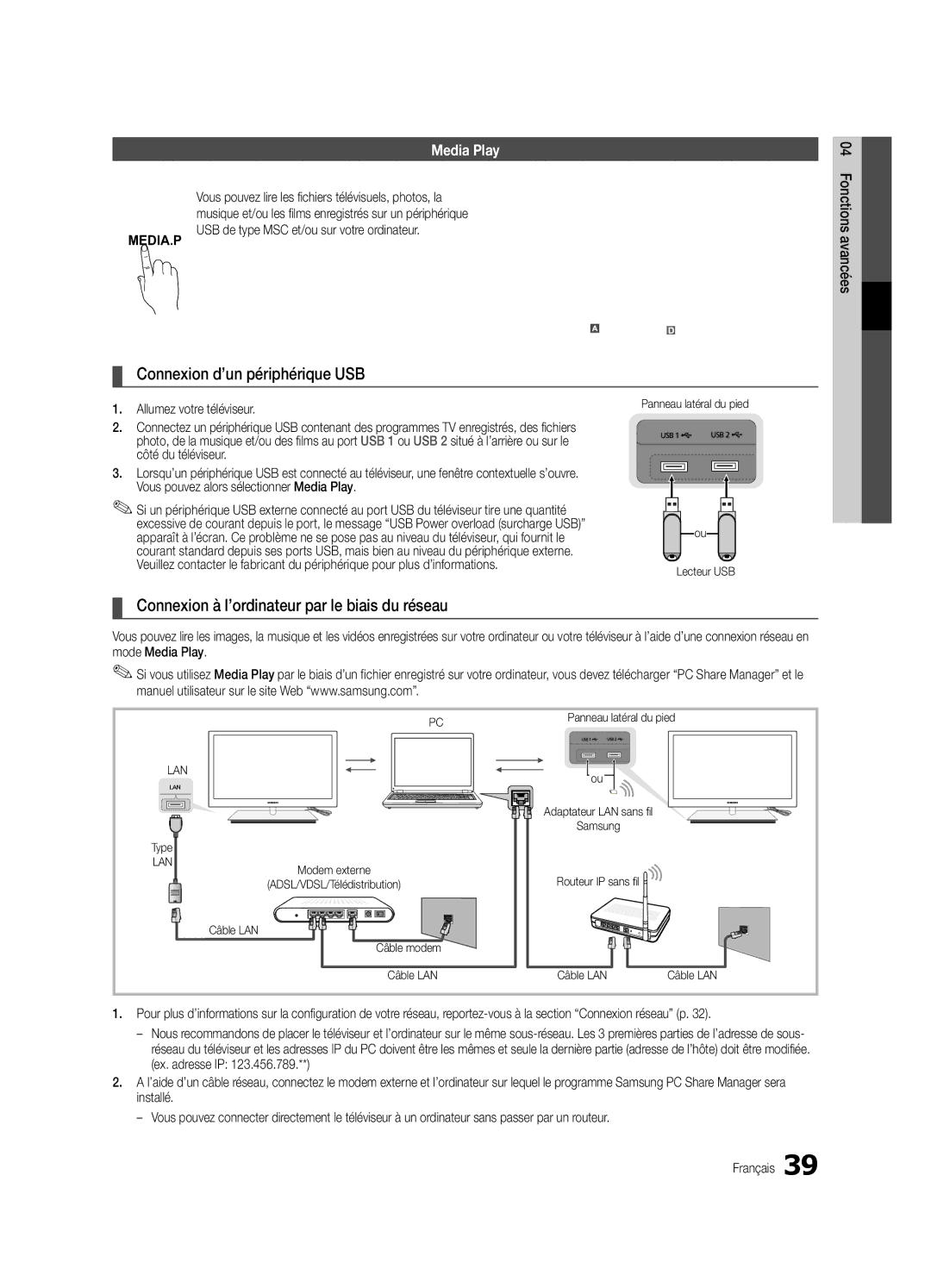 Samsung UE40C9000ZWXXH Connexion d’un périphérique USB, Connexion à l’ordinateur par le biais du réseau, Mode Media Play 