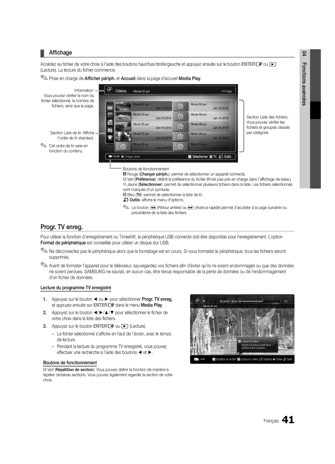 Samsung UE40C9000ZWXXH manual Progr. TV enreg, Affichage, Boutons de fonctionnement, 04avancées Fonctions Information 