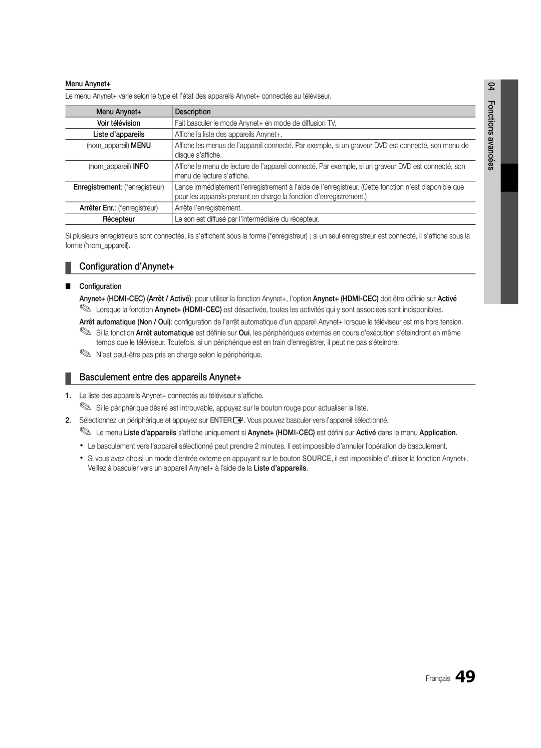 Samsung UE40C9000ZWXXH manual Configuration d’Anynet+, Basculement entre des appareils Anynet+ 