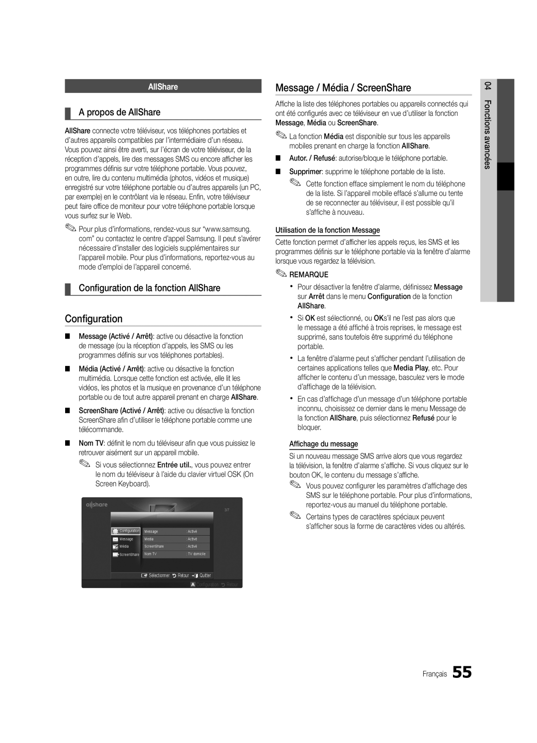 Samsung UE40C9000ZWXXH manual Message / Média / ScreenShare, Propos de AllShare, Configuration de la fonction AllShare 