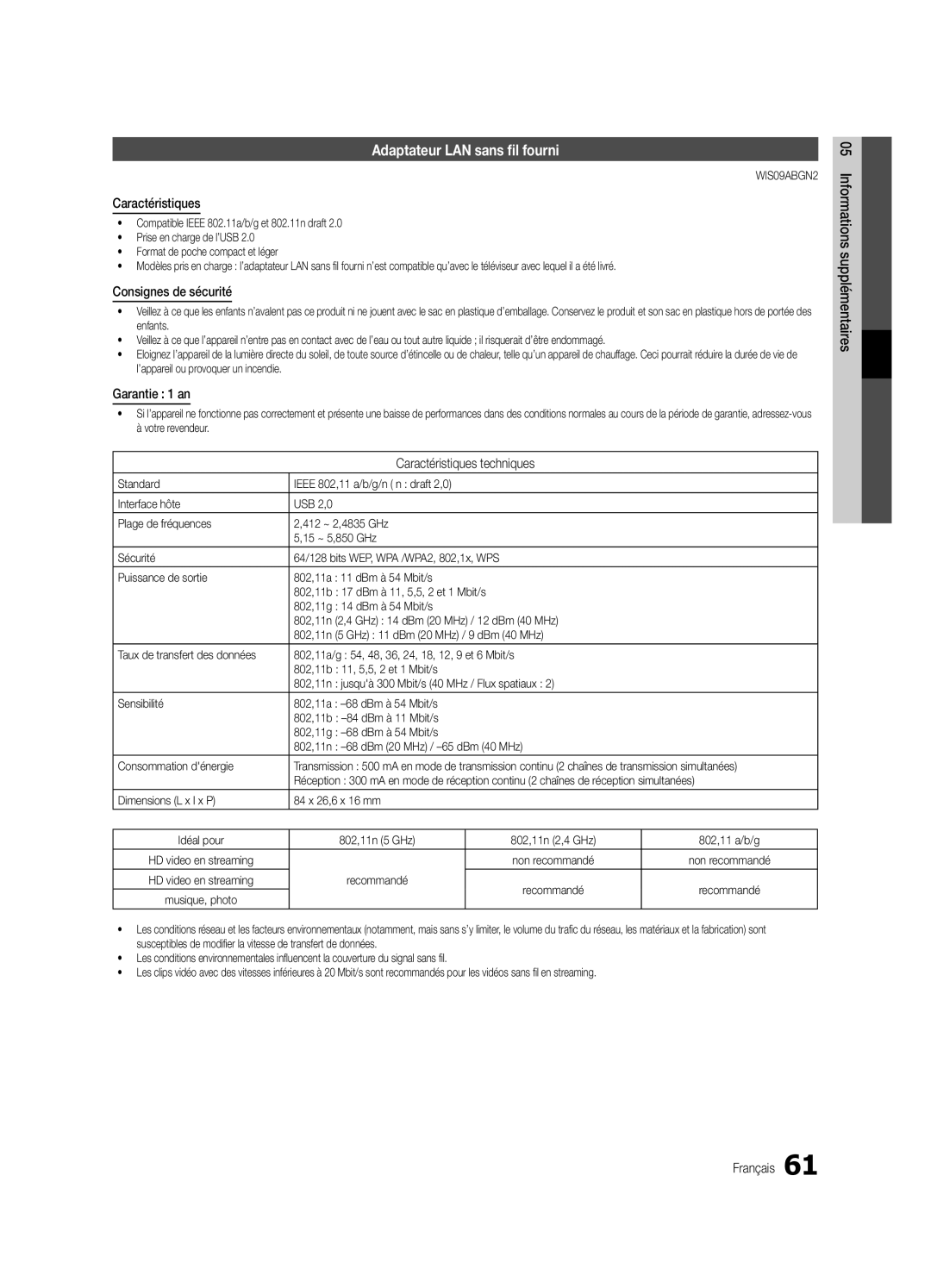 Samsung UE40C9000ZWXXH manual Adaptateur LAN sans fil fourni, Caractéristiques, Consignes de sécurité, Garantie 1 an 