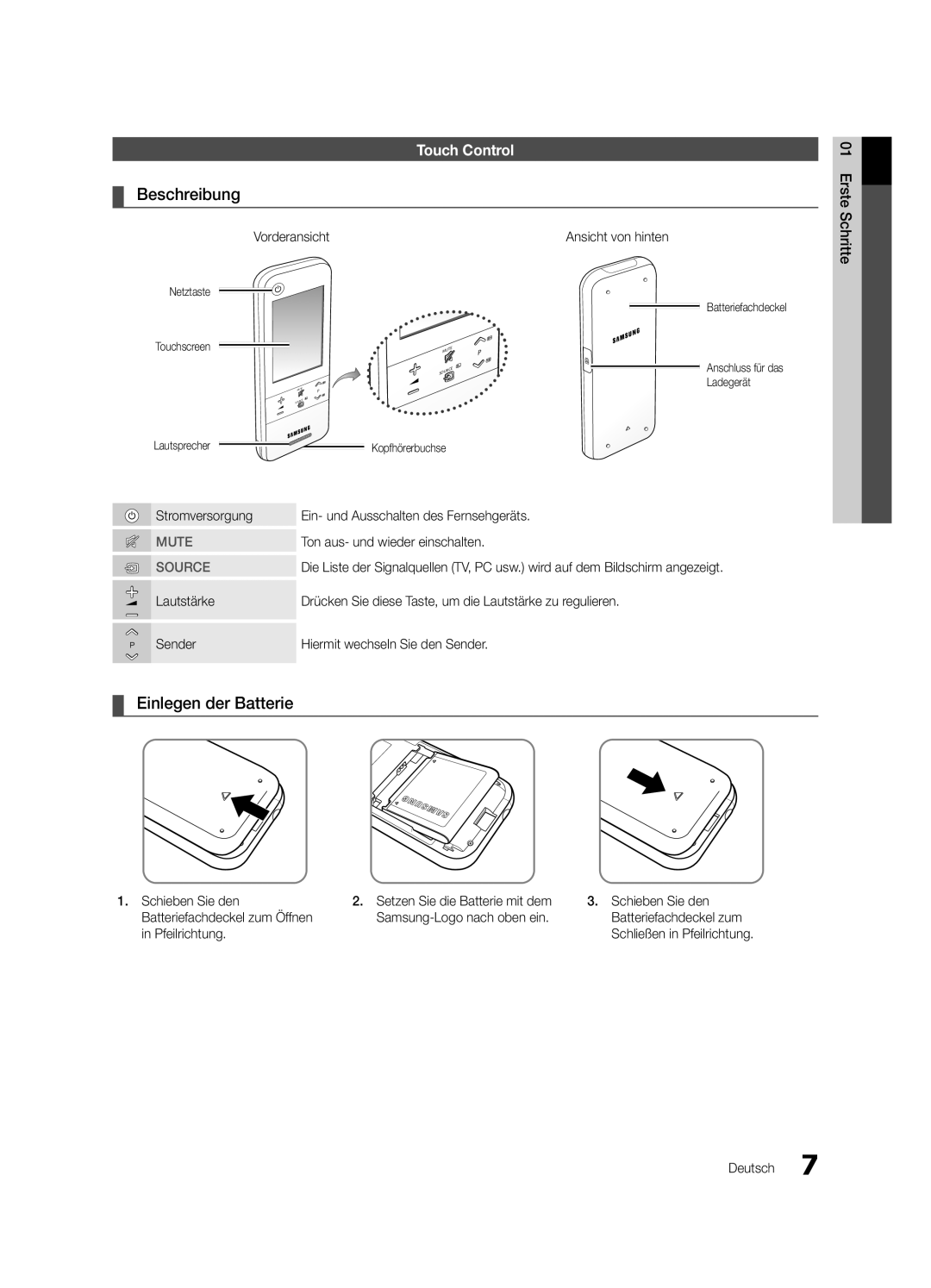 Samsung UE40C9000ZWXXH manual Touch Control, Vorderansicht, Ansicht von hinten, Ton aus- und wieder einschalten 