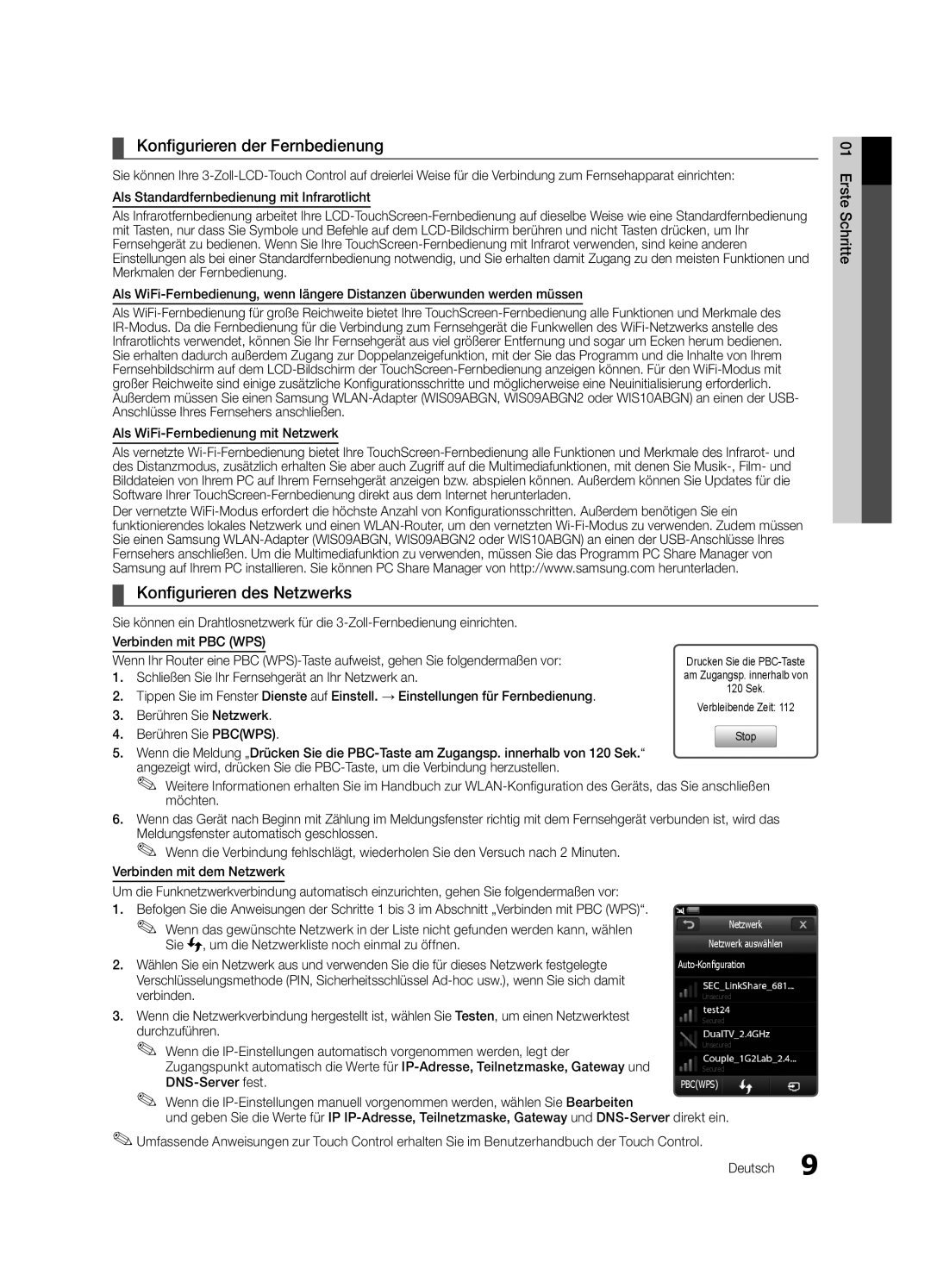 Samsung UE40C9000ZWXXH manual Konfigurieren der Fernbedienung, Konfigurieren des Netzwerks 