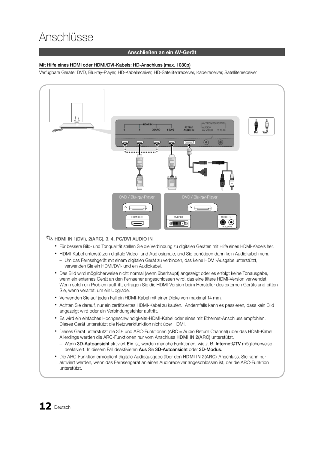 Samsung UE40C9000ZWXXH manual Anschlüsse, Anschließen an ein AV-Gerät 