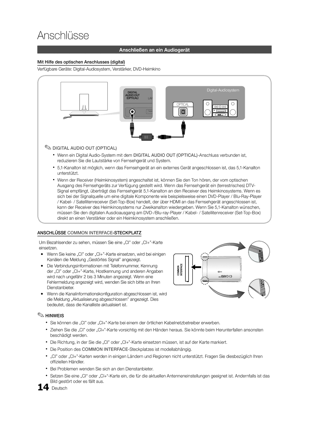 Samsung UE40C9000ZWXXH manual Anschließen an ein Audiogerät, Anschlüsse Common INTERFACE-STECKPLATZ 