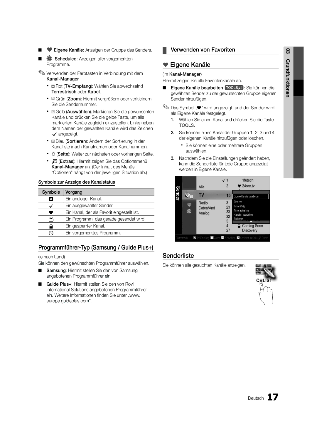 Samsung UE40C9000ZWXXH manual Eigene Kanäle, Senderliste, Verwenden von Favoriten, Programmführer-Typ Samsung / Guide Plus+ 