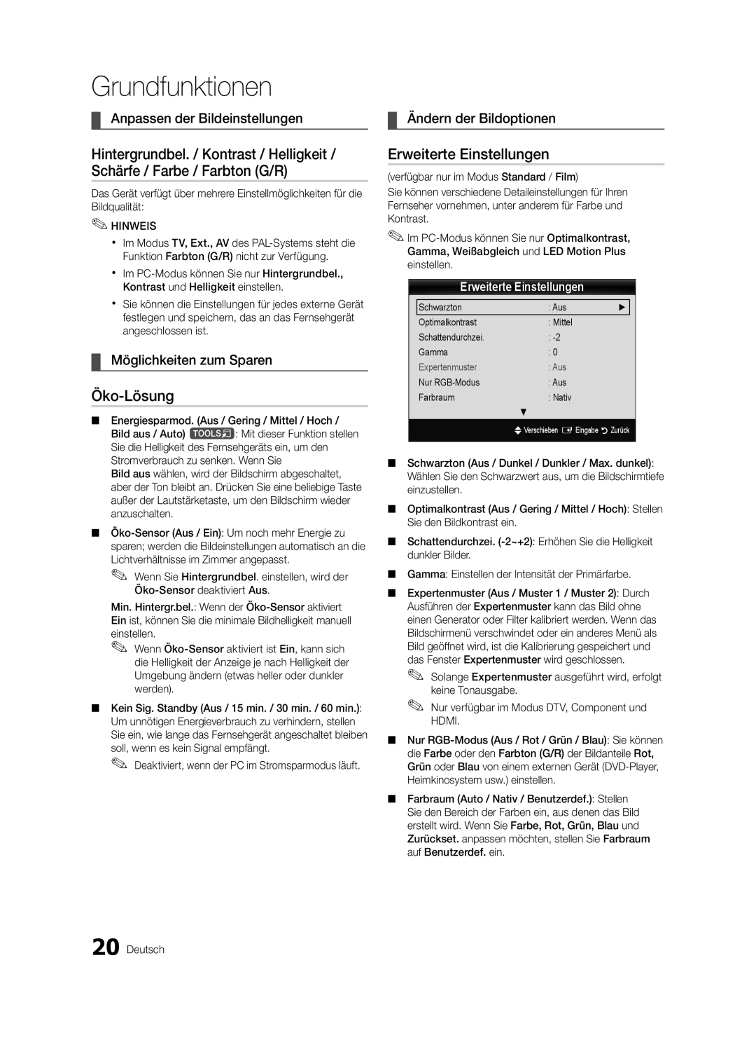 Samsung UE40C9000ZWXXH Öko-Lösung, Erweiterte Einstellungen, Möglichkeiten zum Sparen, Nur RGB-Modus Aus Farbraum Nativ 