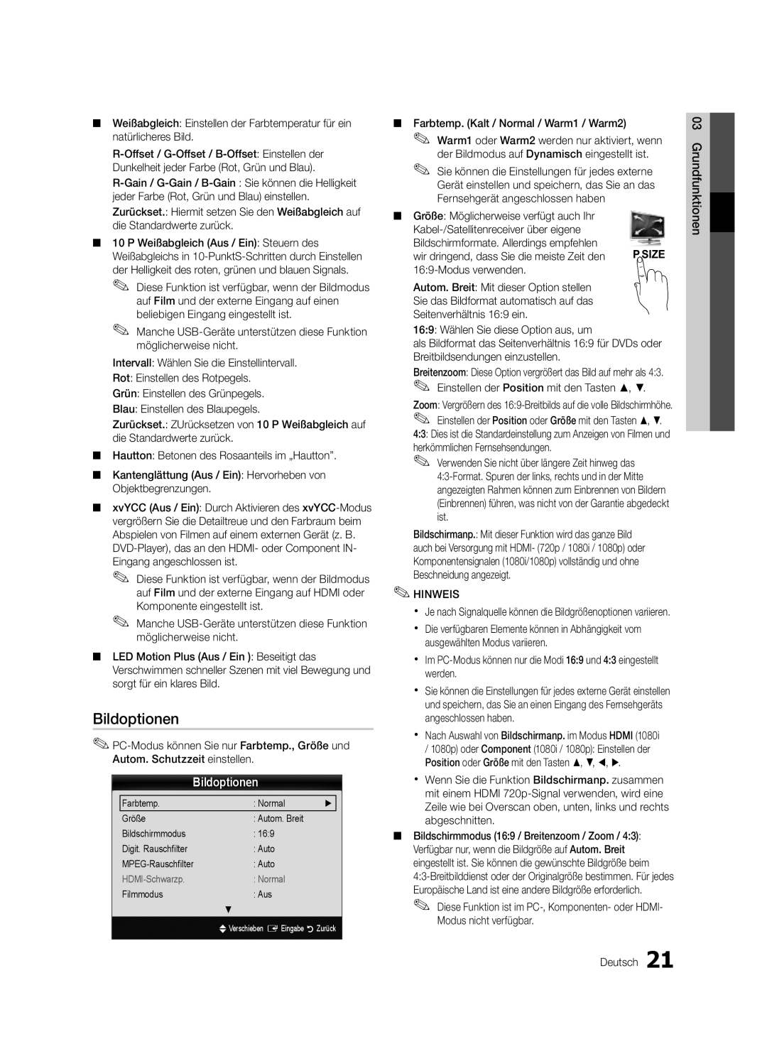 Samsung UE40C9000ZWXXH manual Bildoptionen, Farbtemp. Kalt / Normal / Warm1 / Warm2, Filmmodus Aus 