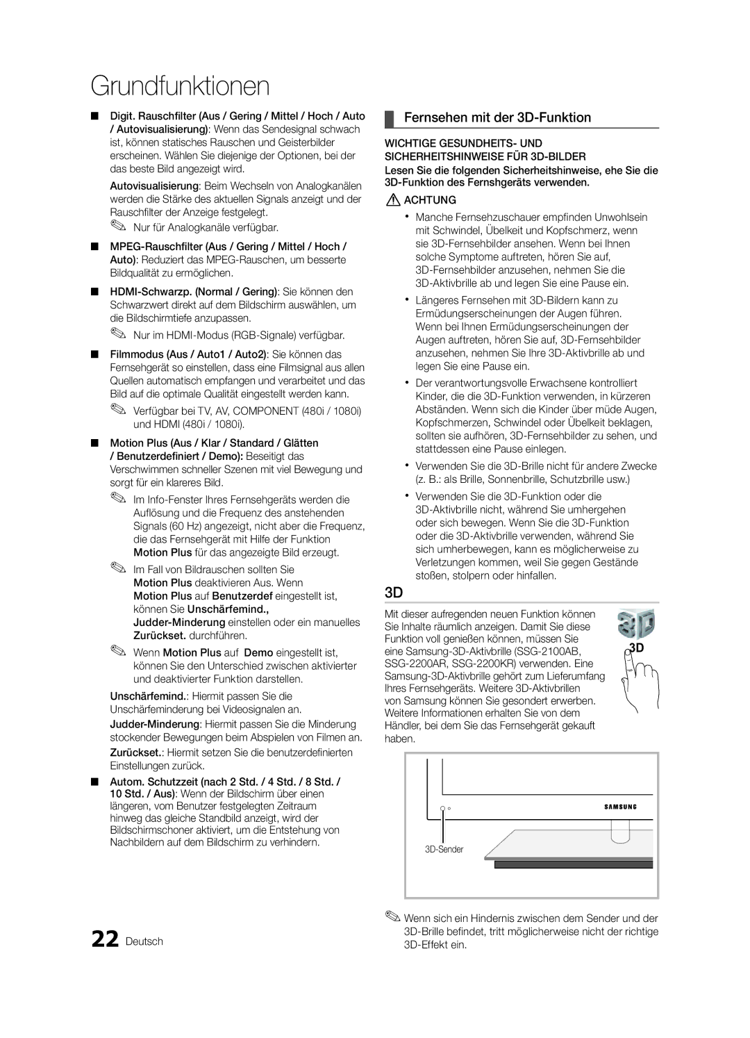 Samsung UE40C9000ZWXXH manual Fernsehen mit der 3D-Funktion, 3D-Sender 