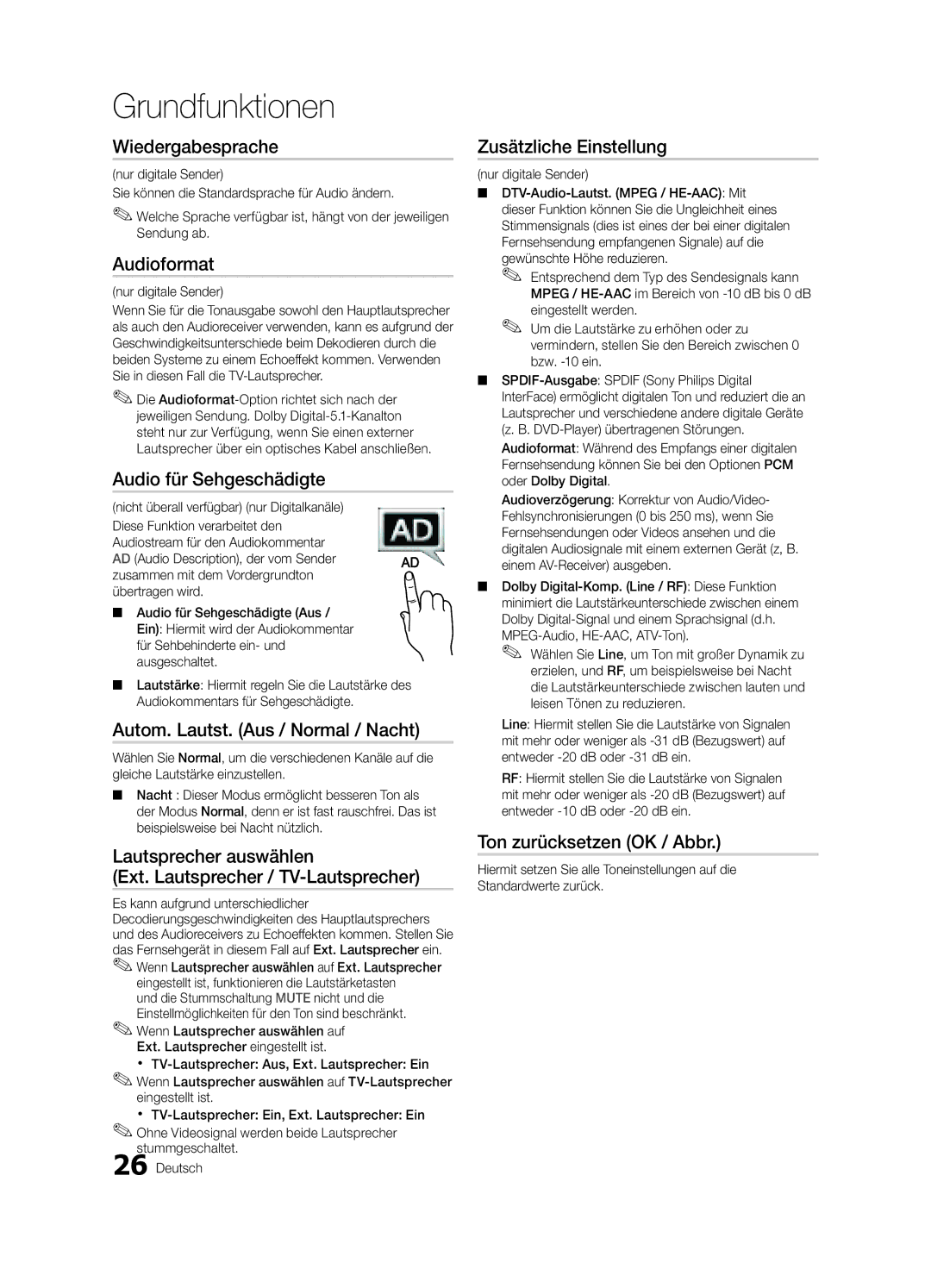 Samsung UE40C9000ZWXXH manual Wiedergabesprache, Audioformat, Audio für Sehgeschädigte, Autom. Lautst. Aus / Normal / Nacht 